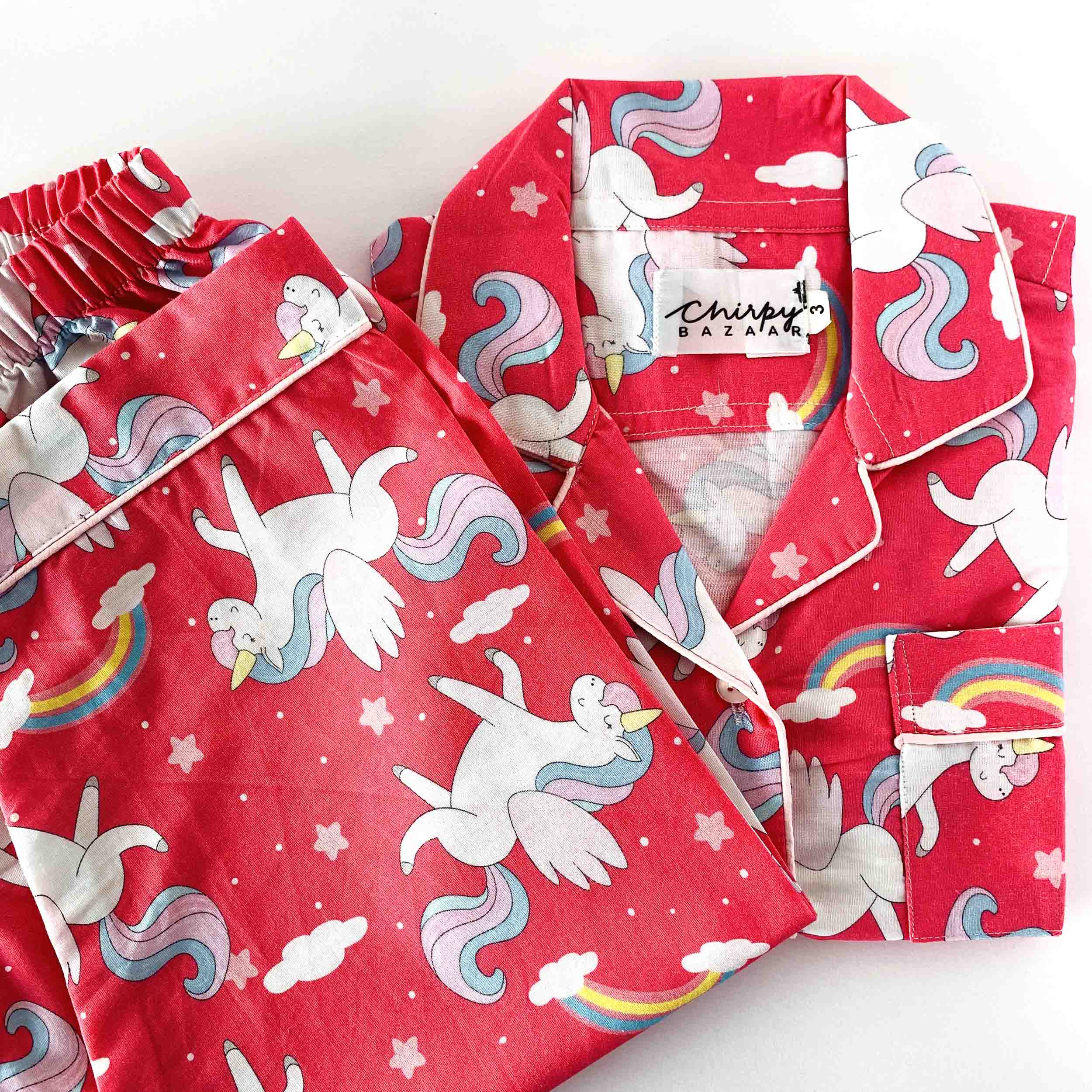 Kids red cotton night suit set with unicorn and rainbow print