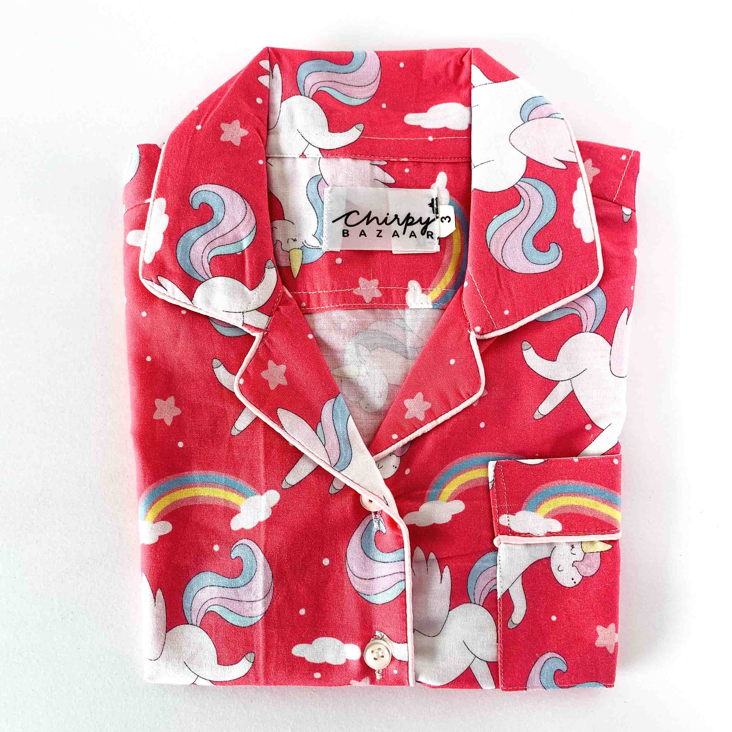 Kids red cotton night suit shirt with unicorn and rainbow print soft breathable comfortable sleepwear top for girls