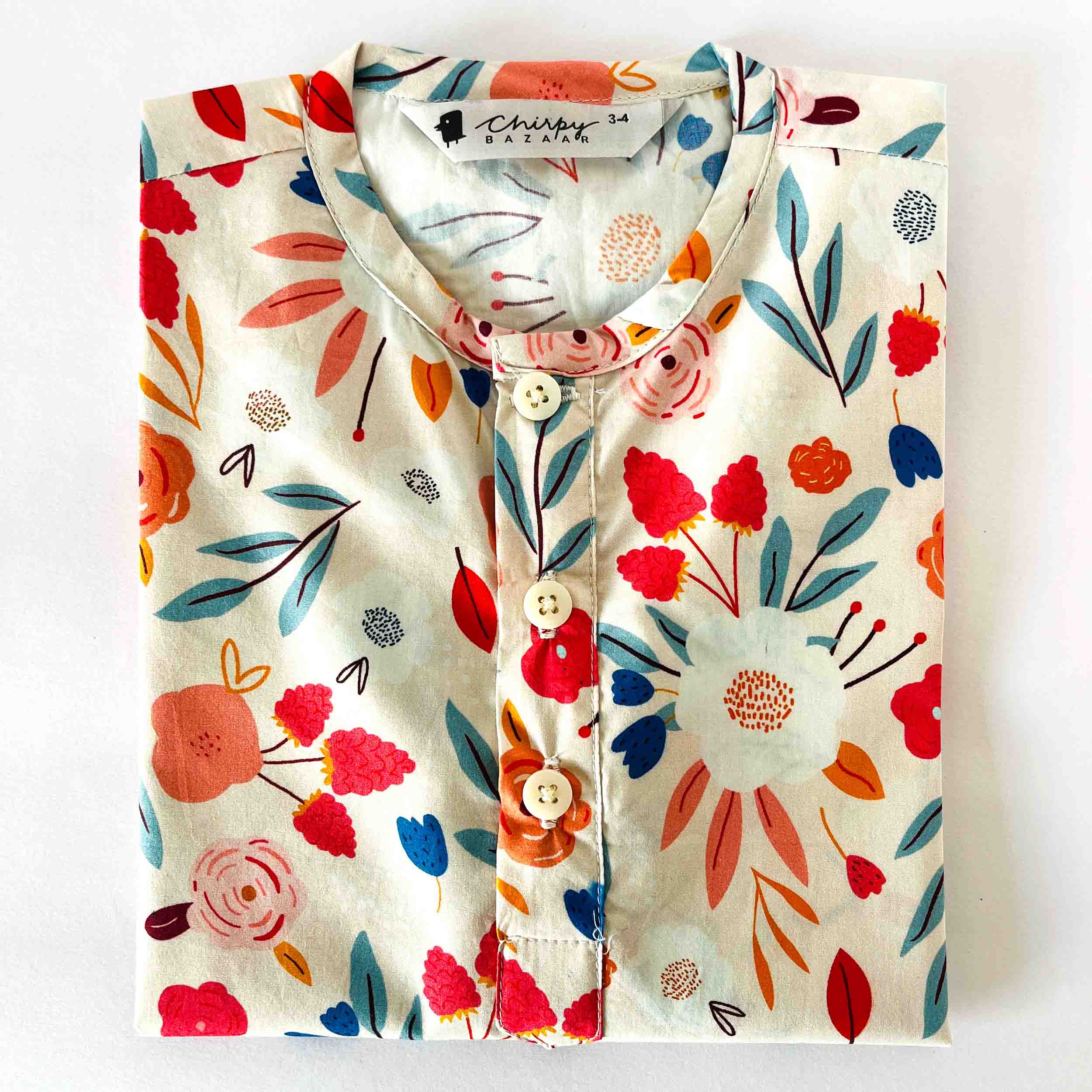 Kids multicolor floral print cotton kurta with long sleeve design