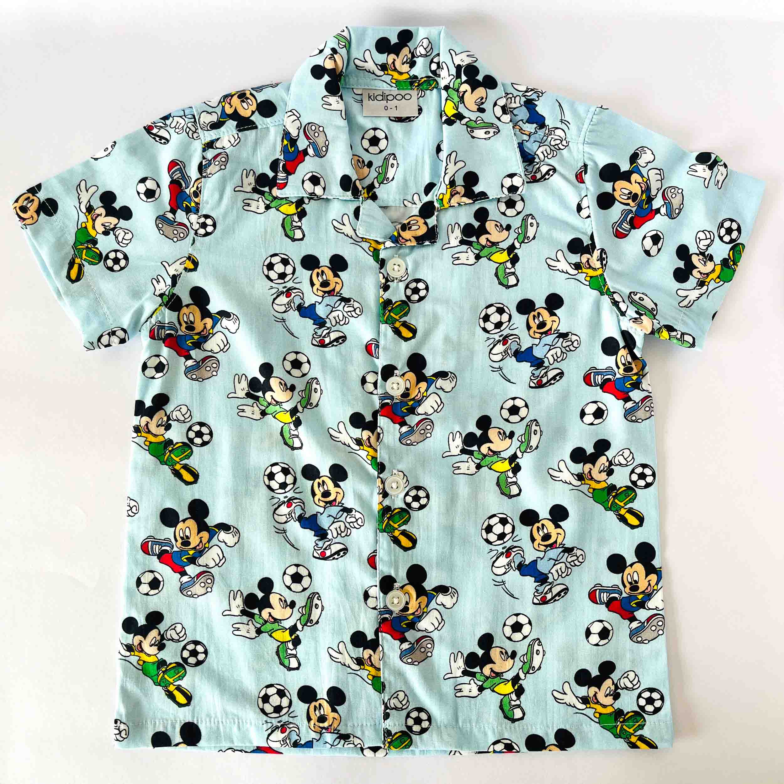 Kids blue cotton shirt with Mickey Mouse football print half sleeve front view