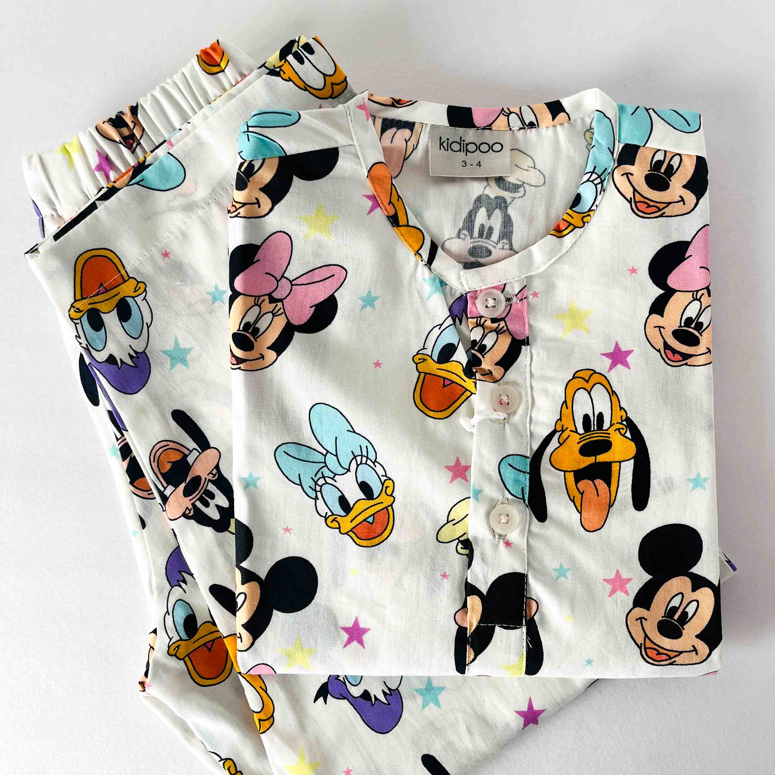 Kids Mickey and Friends print cotton night suit with full sleeve shirt and elastic waist pajama soft breathable comfortable sleepwear for boys and girls