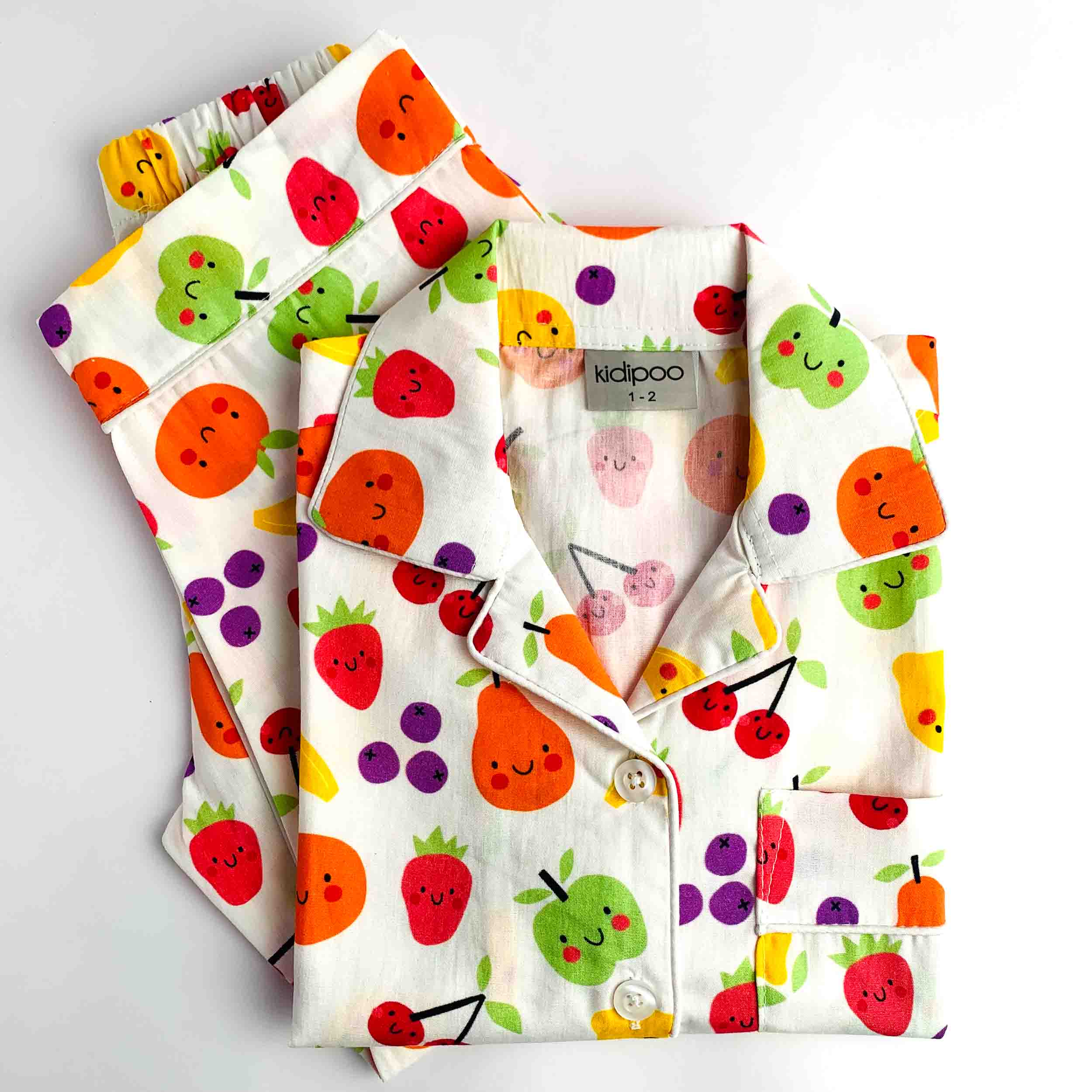 Fruit Face Printed Kids Night Suit – White Cotton Pajama Set with Colorful Fruit Print