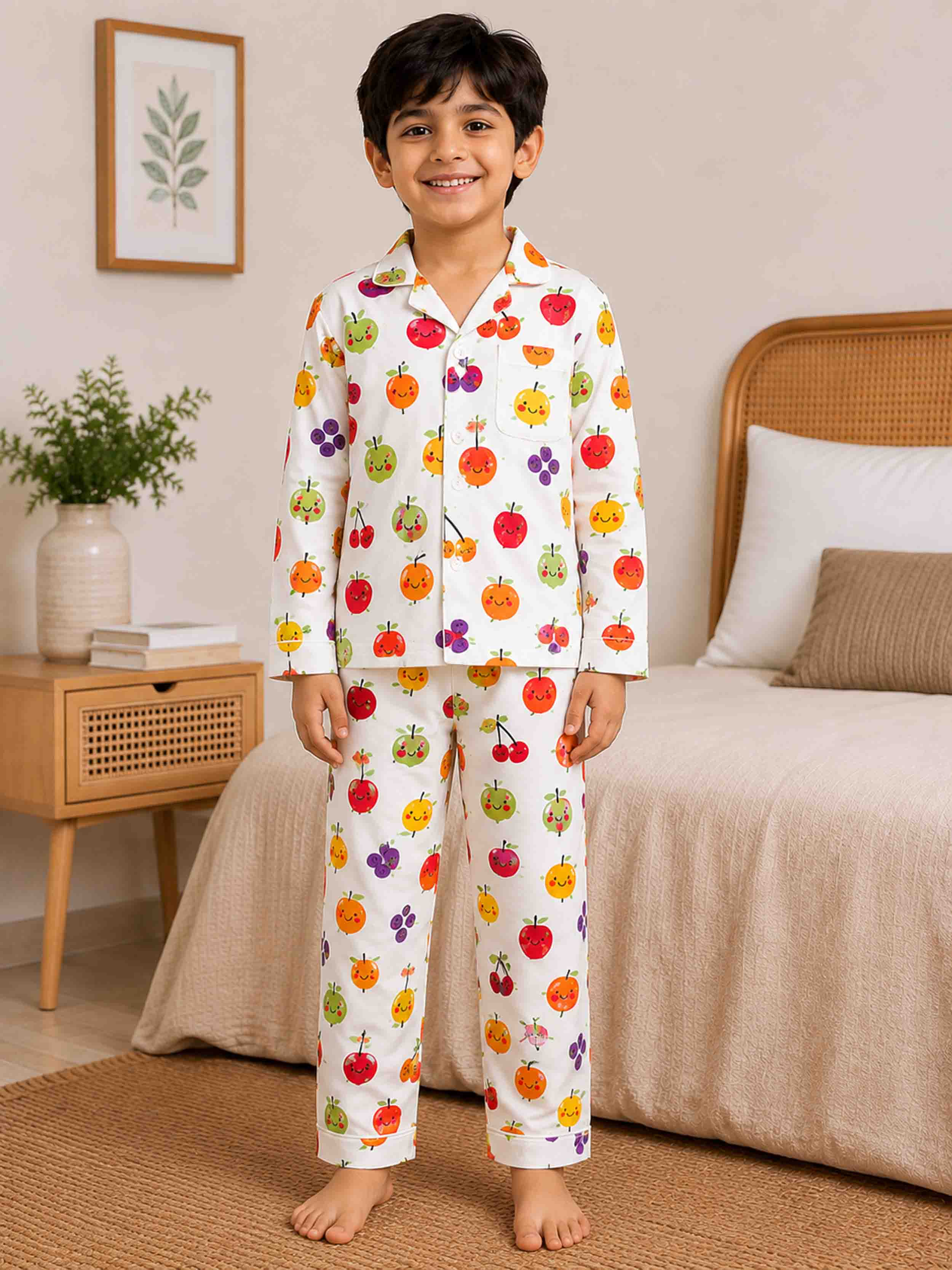 A young boy stands barefoot in a bedroom wearing a white long-sleeve pajama set with a colorful fruit print. The pajamas feature red apples, oranges, yellow citrus, purple grapes, and green pears.