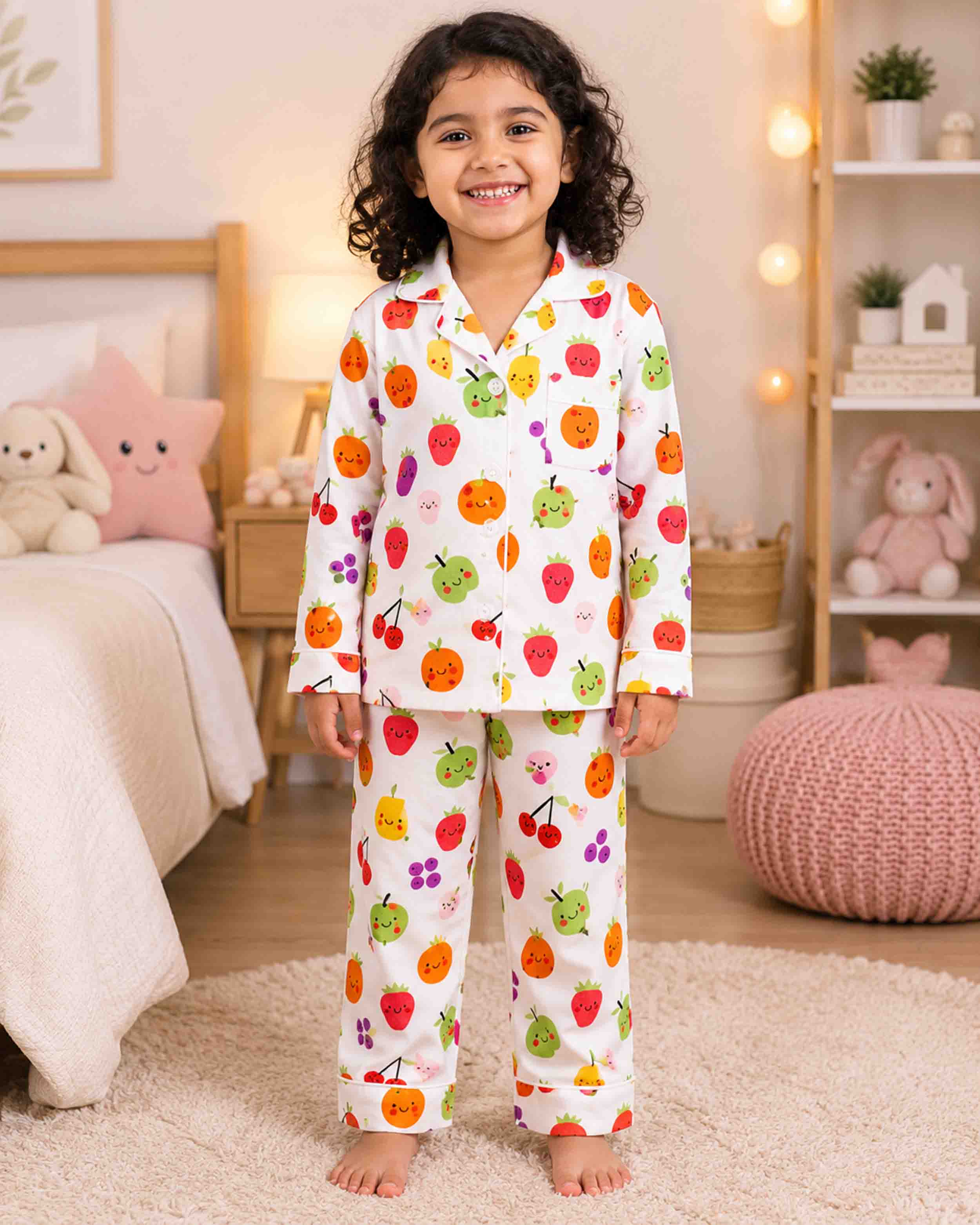 A young girl with curly dark hair stands barefoot in a child's bedroom wearing a white long-sleeve pajama set with a colorful fruit print. The pajamas feature illustrations of strawberries, oranges, apples, and cherries.