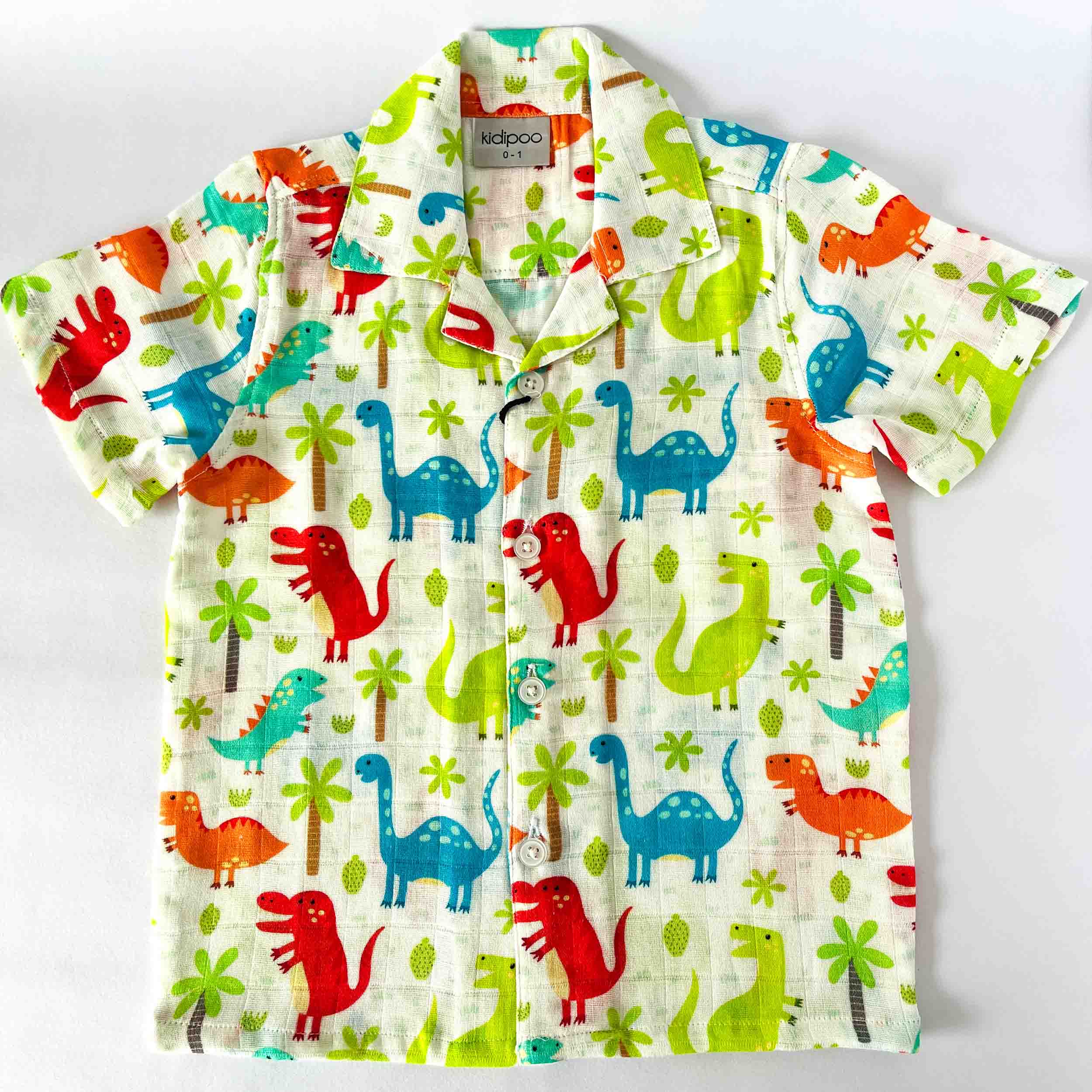 Kids muslin cotton shirt with fun dinosaur print half sleeve front view