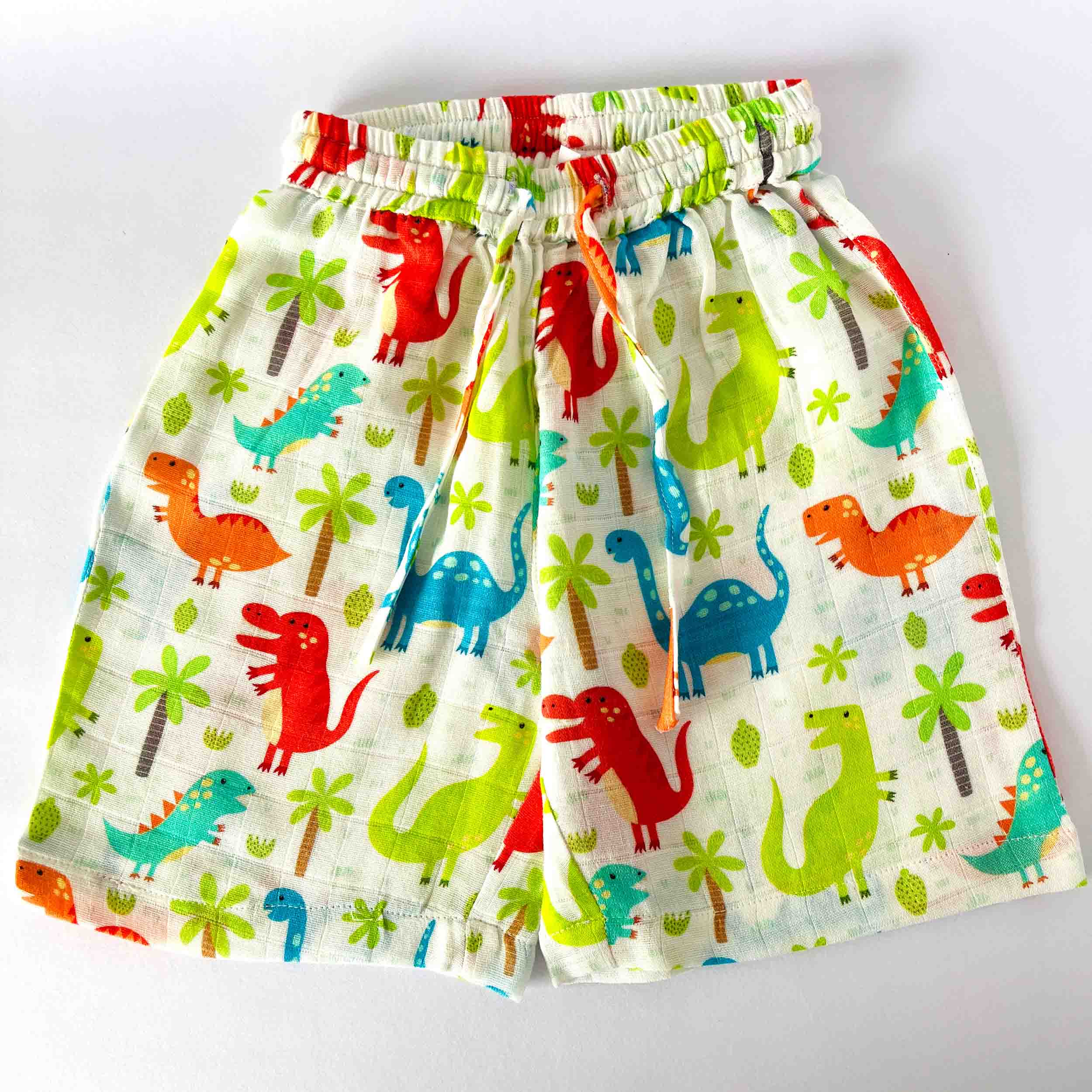 Kids muslin shorts with dinosaur print elastic waist summer wear