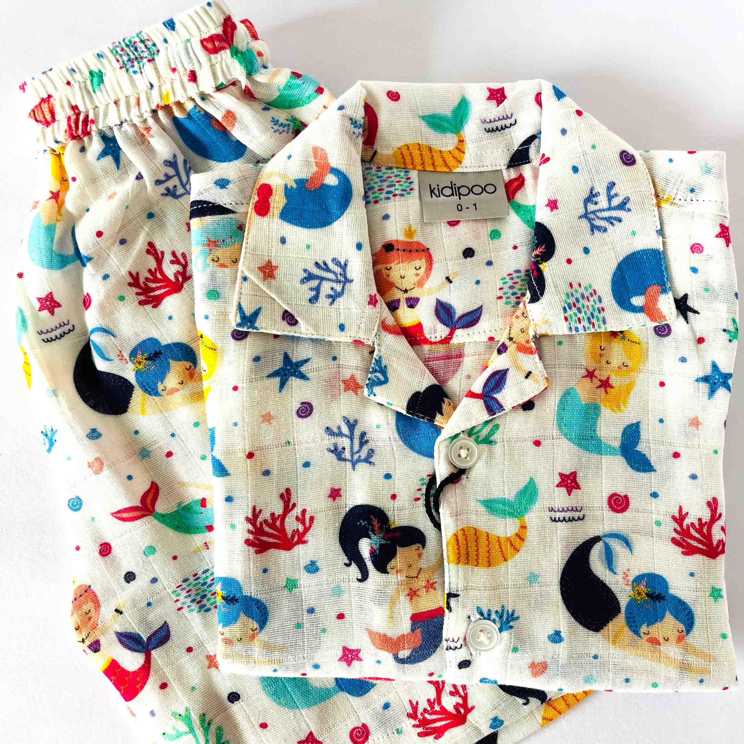 Kids muslin cotton coord set with mermaid print, front button shirt and shorts