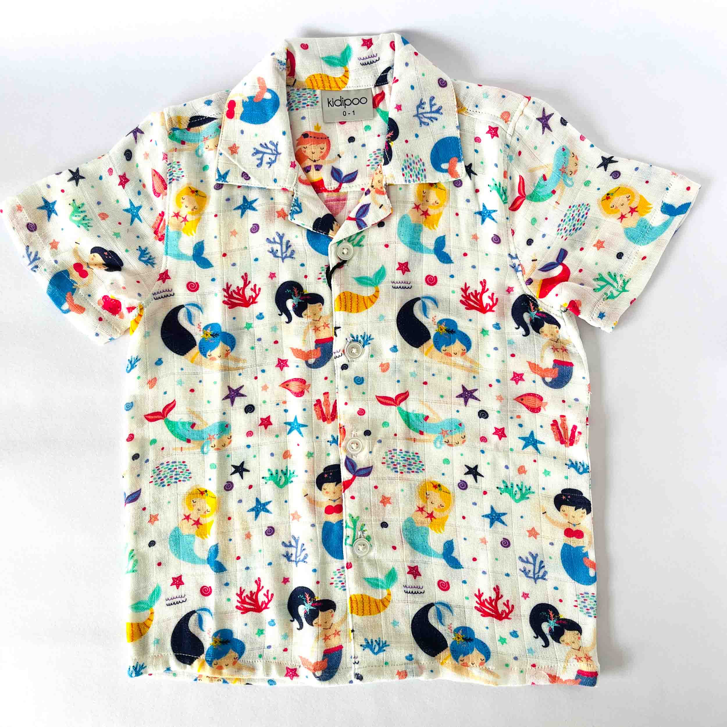 Kids white cotton outfit with multicolor mermaid and sea print, soft muslin fabric