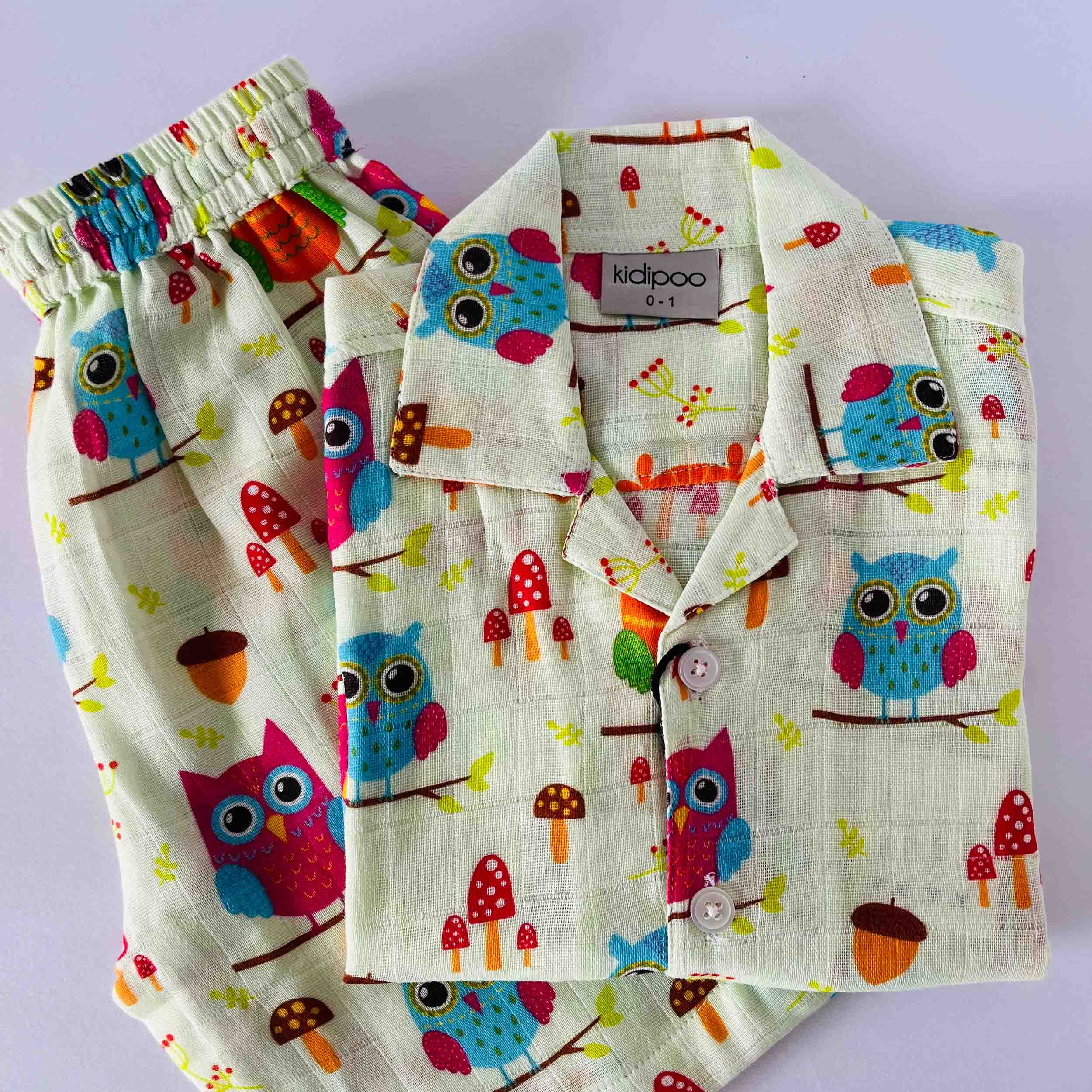 Kids muslin coord set with colorful owl print shirt and shorts summer outfit