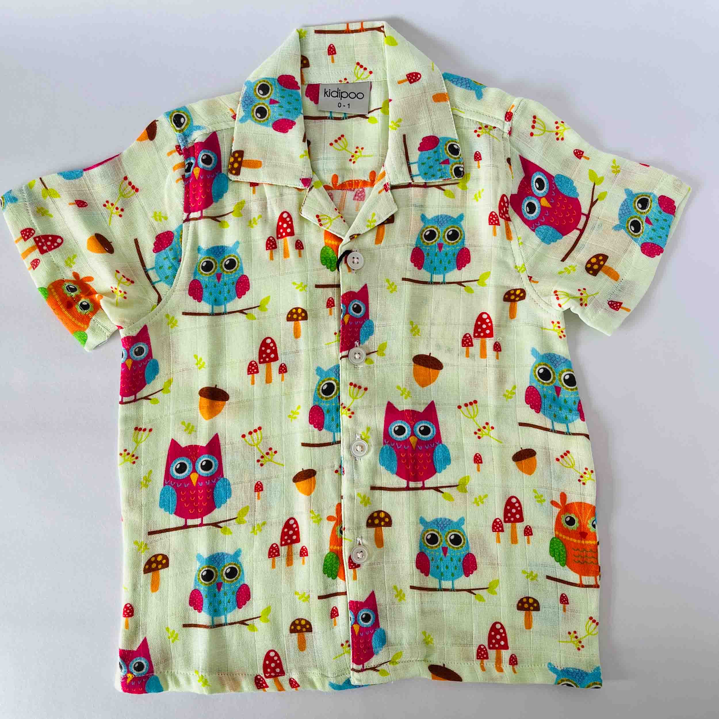 Kids muslin cotton shirt with owl print half sleeve front view