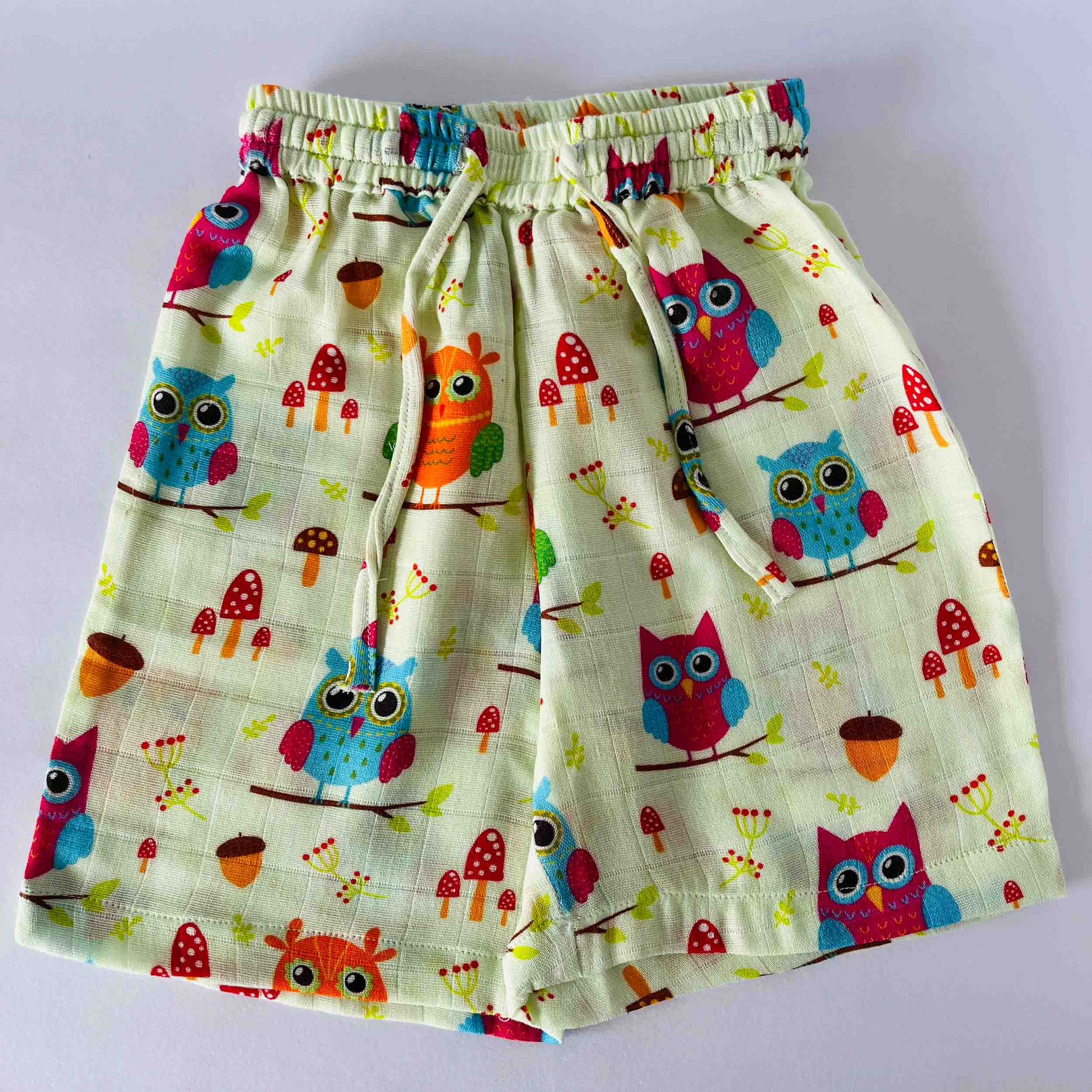 Kids muslin shorts with owl print elastic waist summer wear