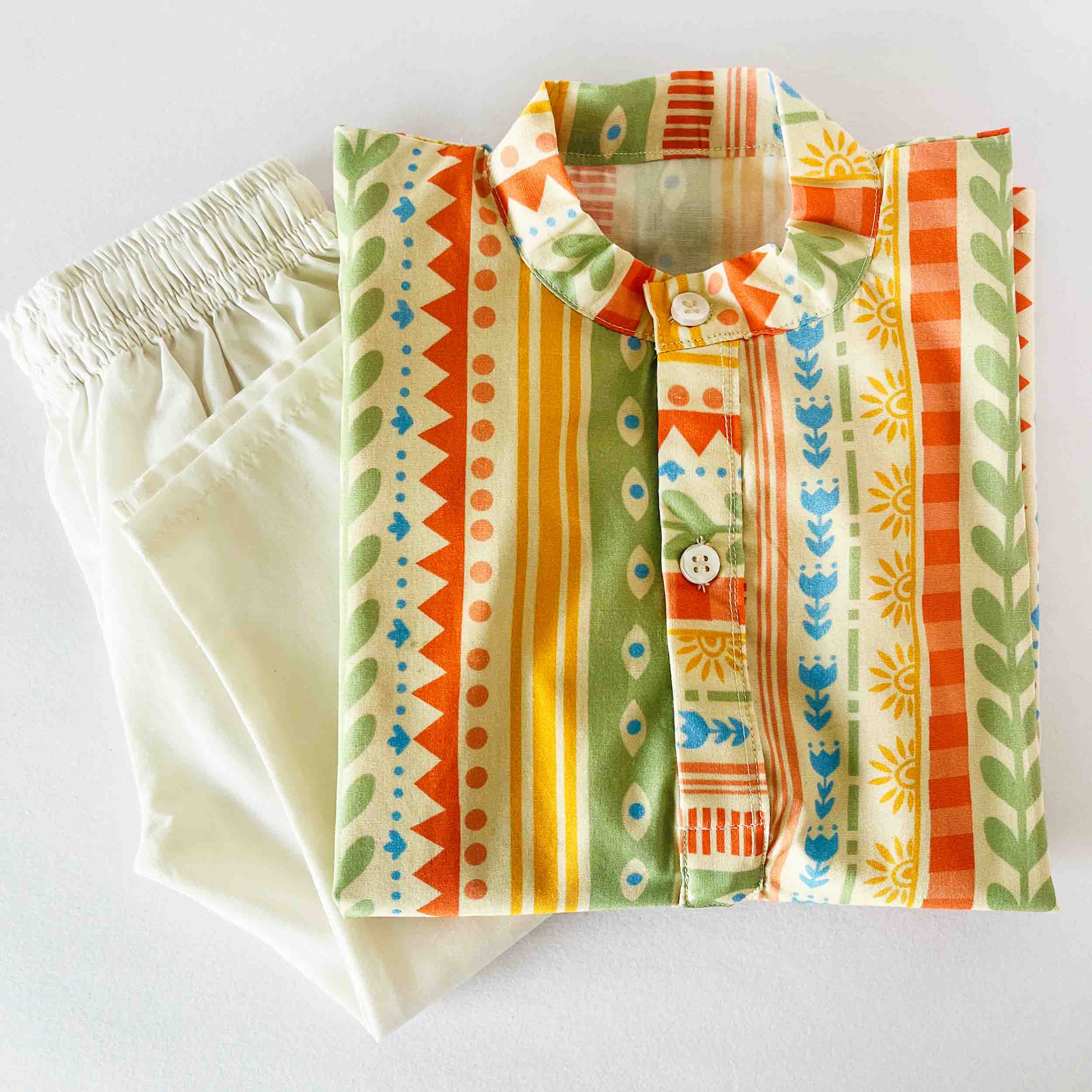 Kids cotton kurta pajama set with multicolor print kurta and elastic waist pajama soft breathable ethnic sleepwear