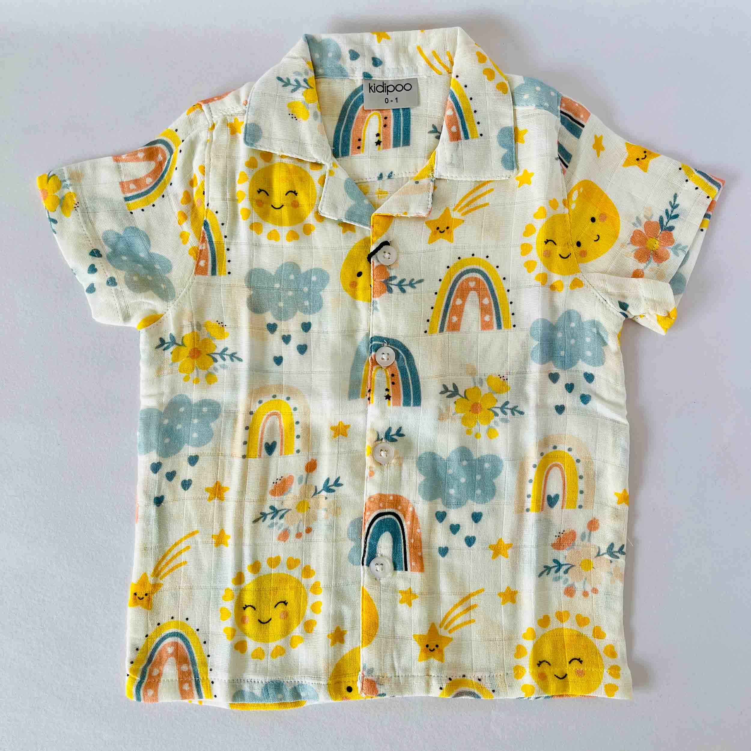 Kids muslin cotton outfit with colorful sun and rainbow print, soft breathable fabric