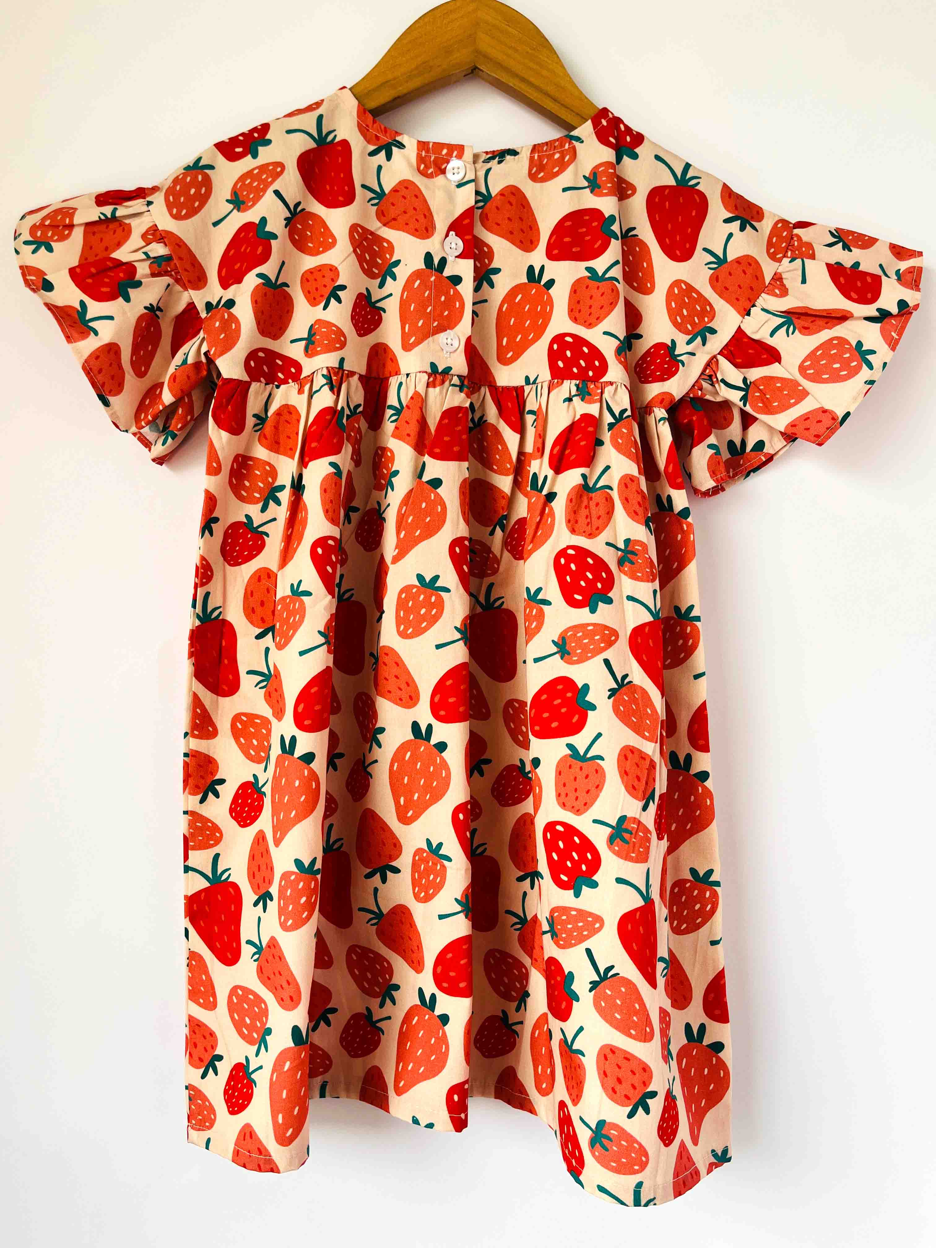 girls strawberry printed dress back design with gathered waist