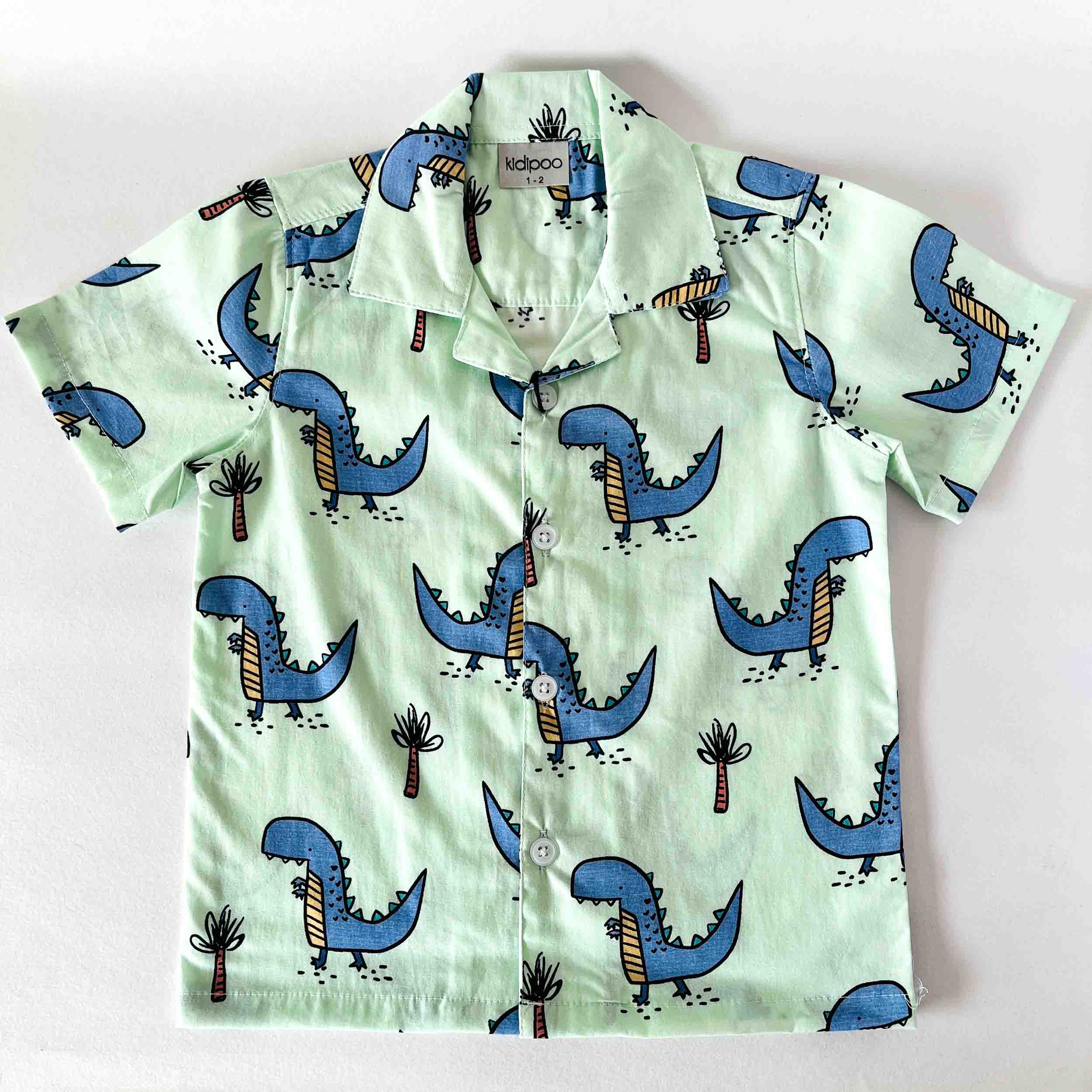 Children's shirt with blue dinosaur pattern on a light green background