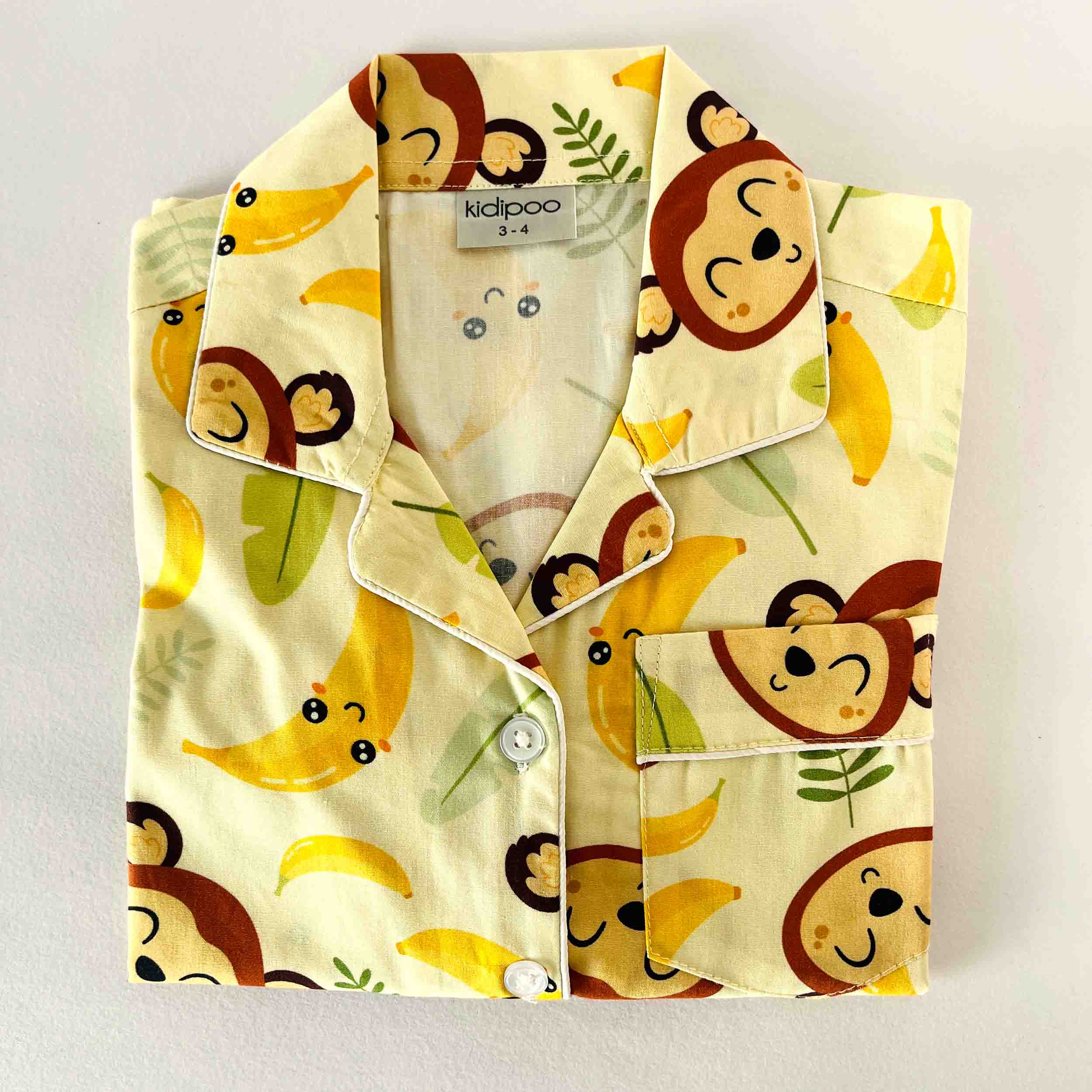 Kids monkey print cotton night suit shirt front view fun playful sleepwear