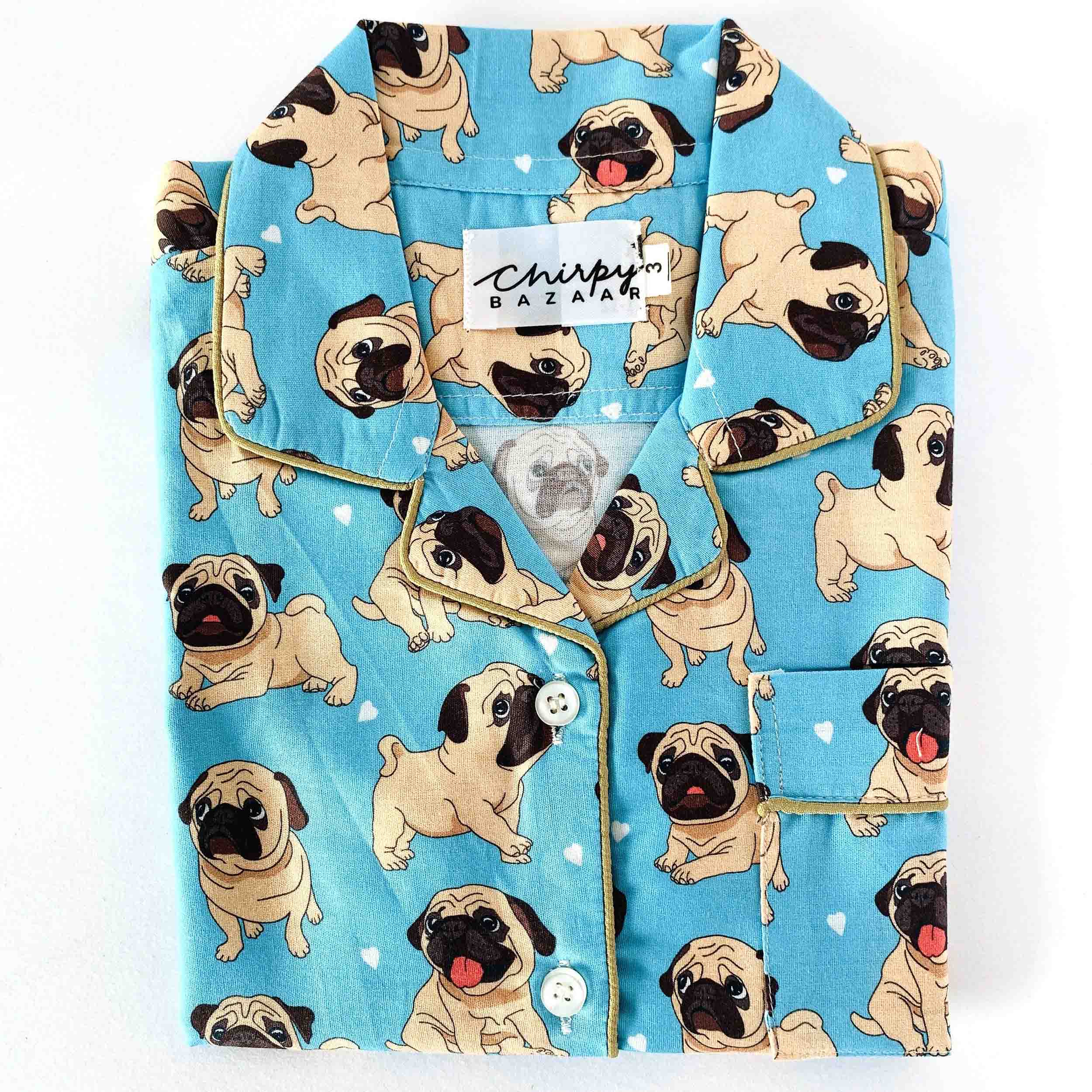 Blue hoodie with pug dog pattern and 'Chirpy Gazelle' label on a white background