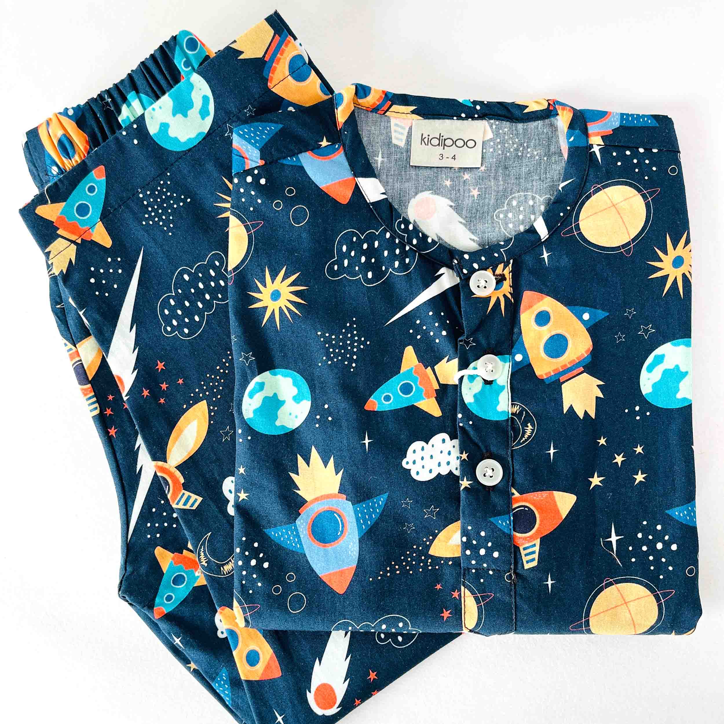 Kids galaxy print cotton night suit with full sleeve top and elastic waist pajama soft breathable sleepwear for boys and girls