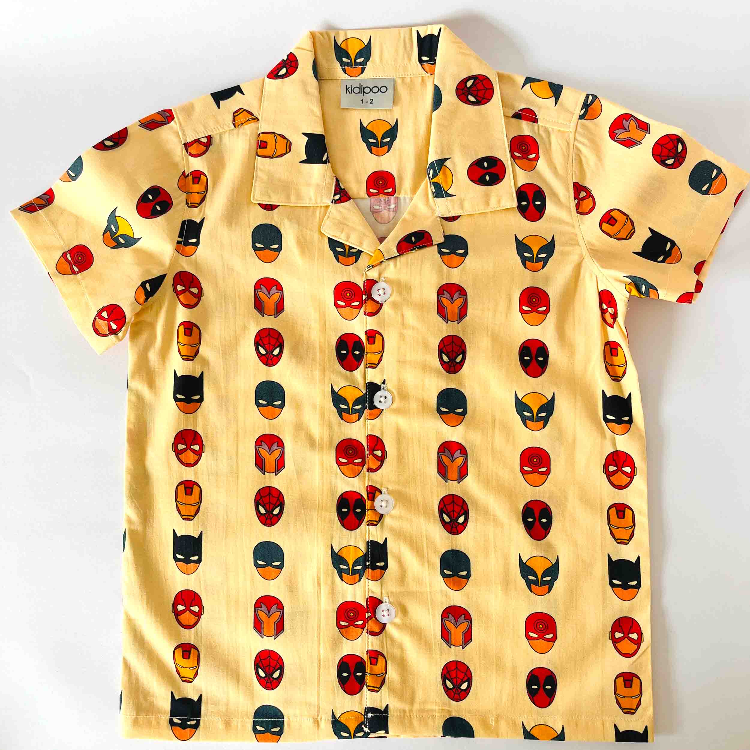 Kids yellow cotton shirt with superhero mask print half sleeve button shirt