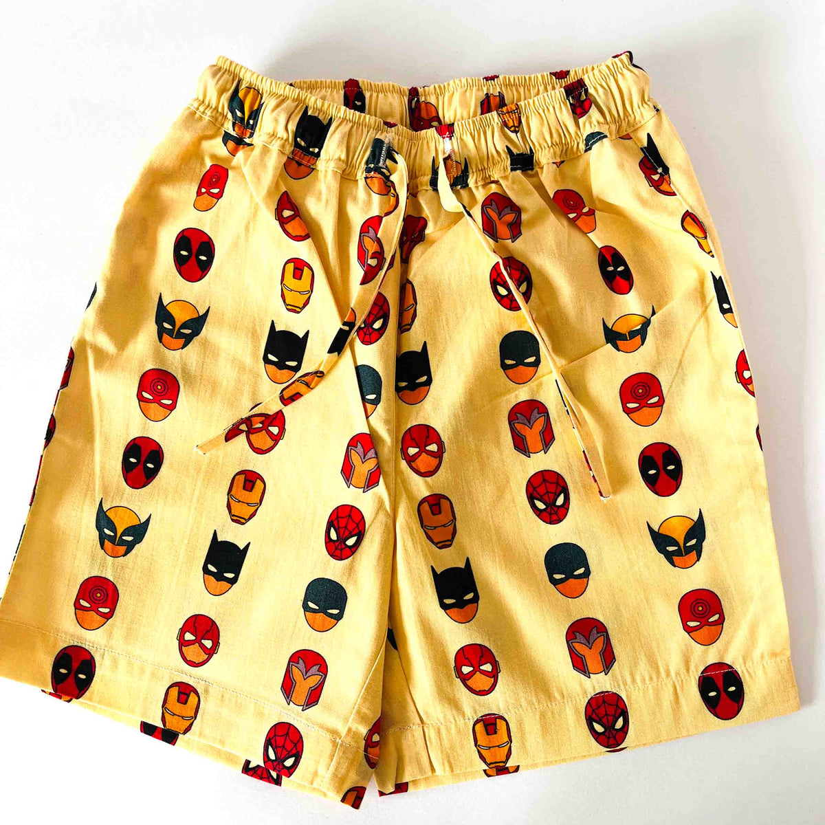 Kids yellow shorts with superhero print elastic waist summer wear