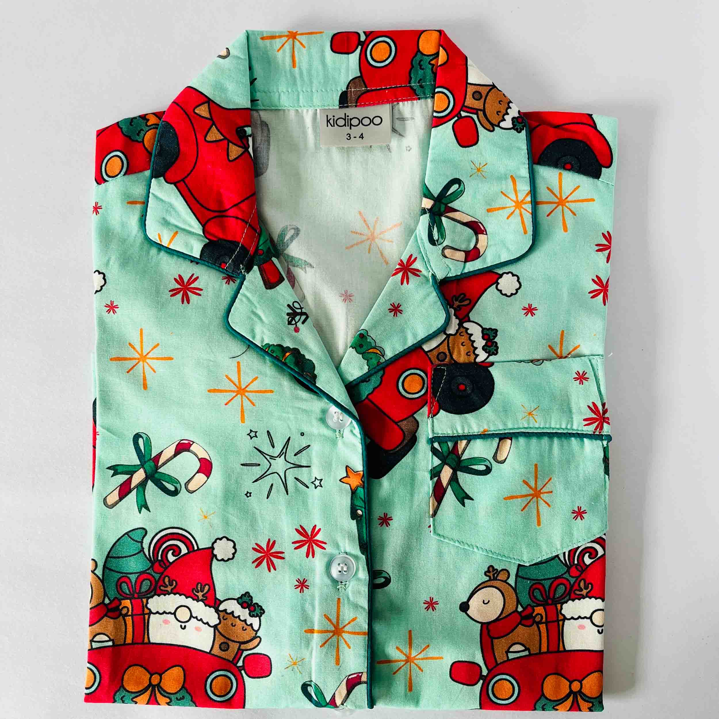 Kidipoo kids green Santa car print cotton night suit shirt front button Christmas sleepwear top