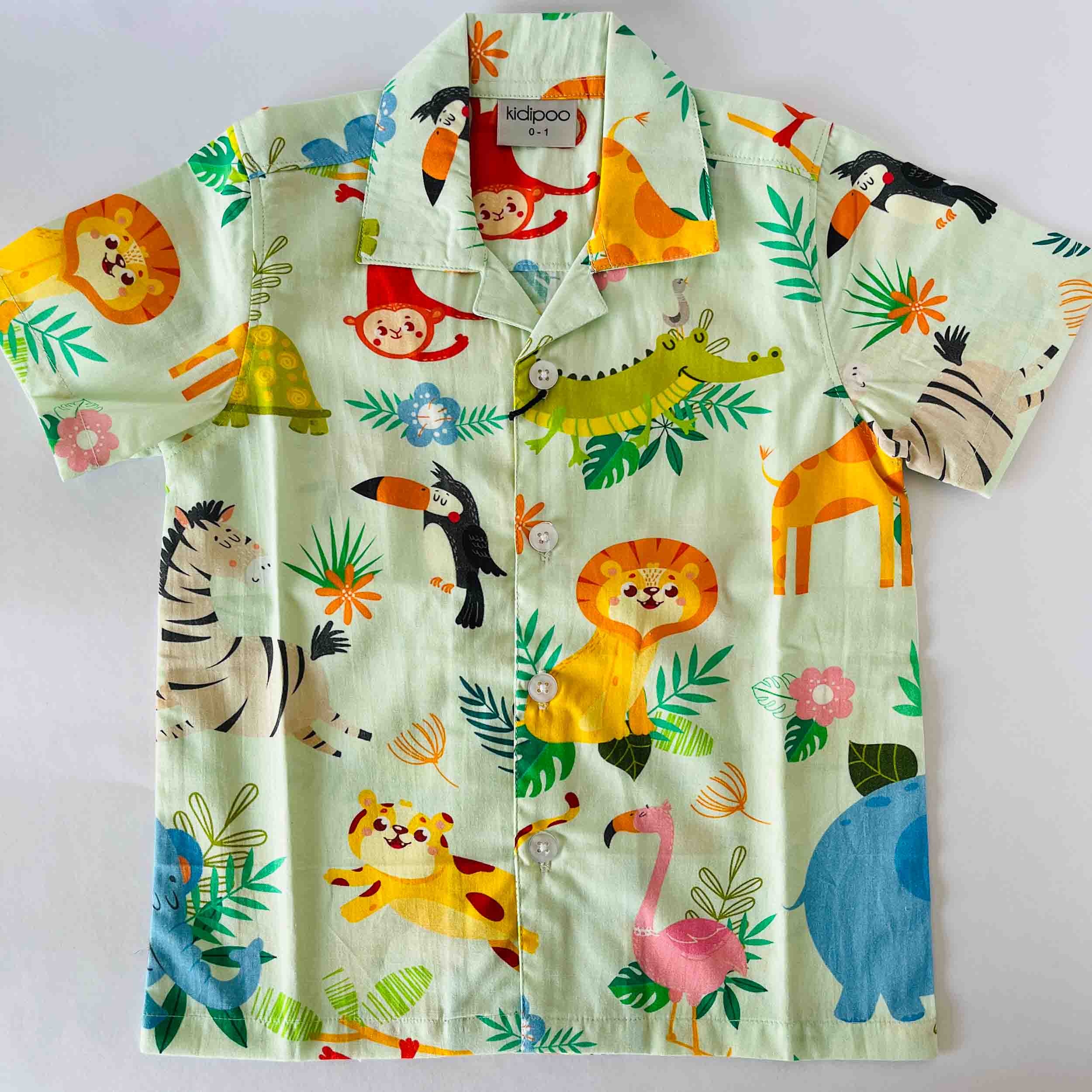 Kids green cotton shirt with jungle animal print half sleeve soft breathable comfortable summer wear  for boys and girls