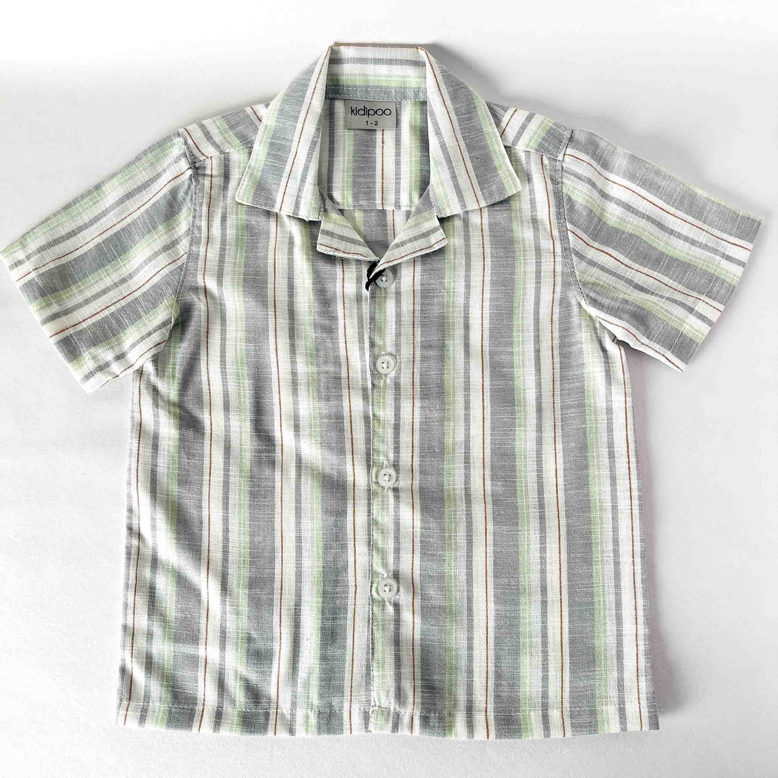 Kids striped short-sleeve button-down shirt with a collar in grey and green tones, displayed on a white background