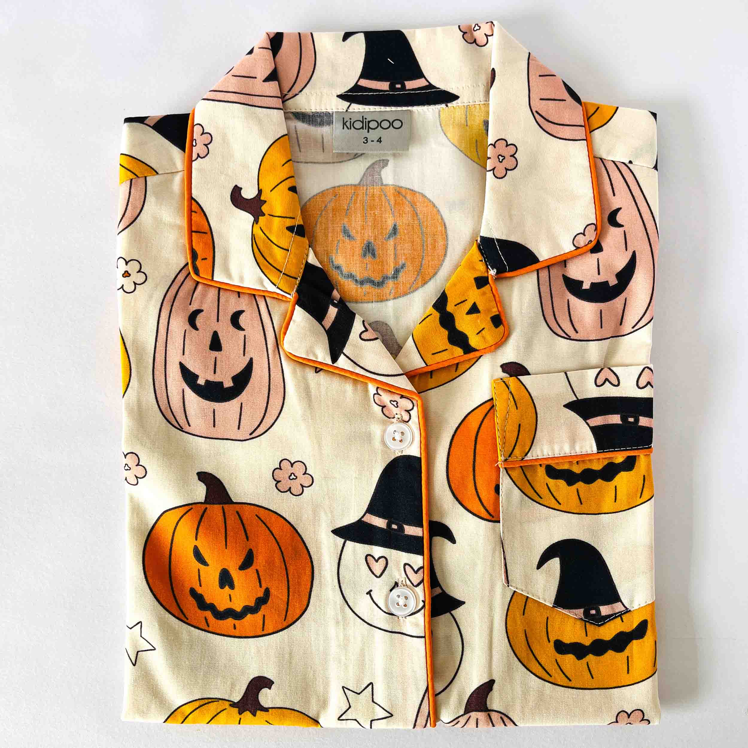 Kids Halloween pumpkin print cotton night suit shirt front view festive sleepwear top