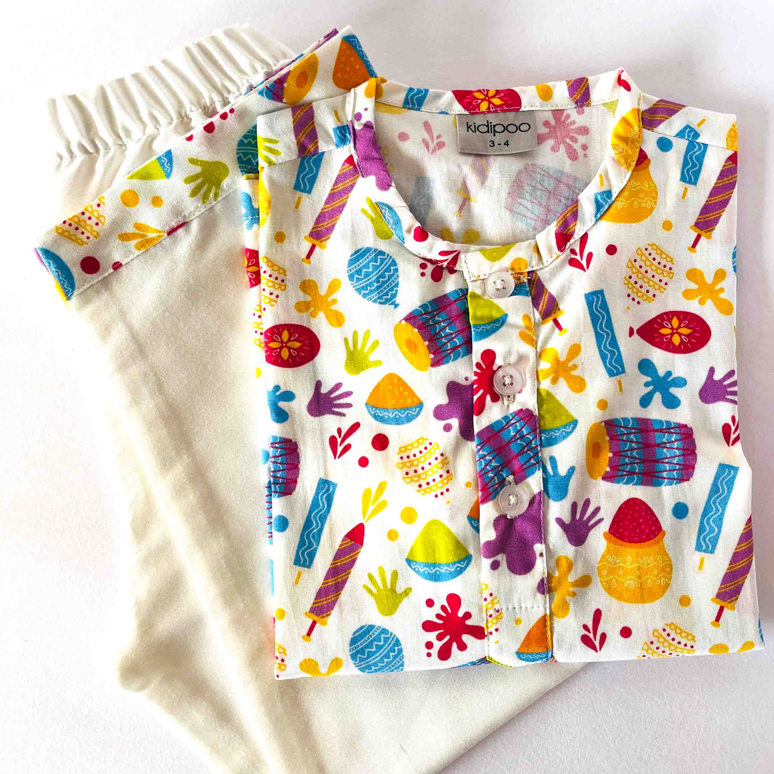 Colorful children's jacket with ice cream and hand print patterns on a white background