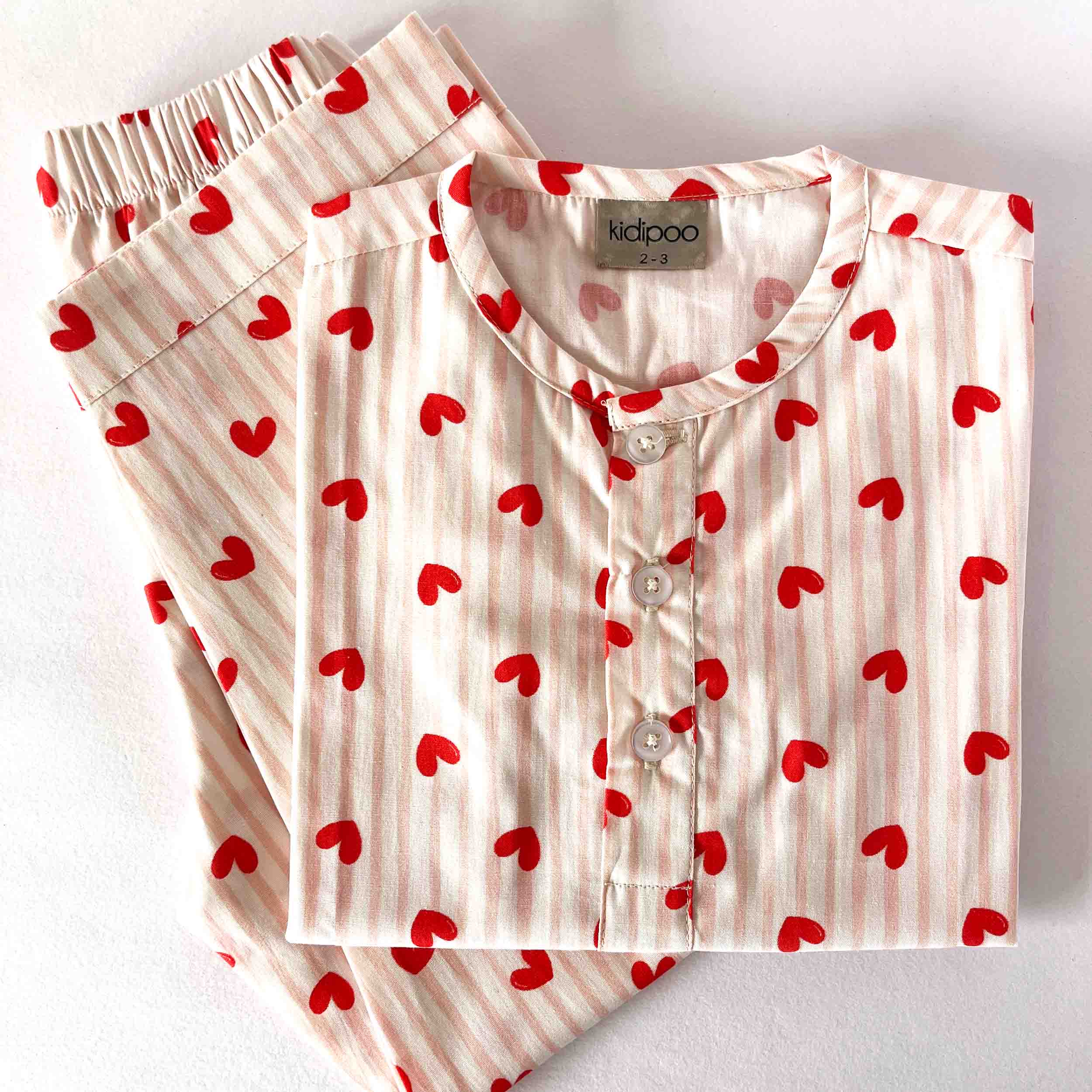 Kids pink striped cotton night suit with red heart print long sleeve top and elastic waist pajama soft breathable sleepwear