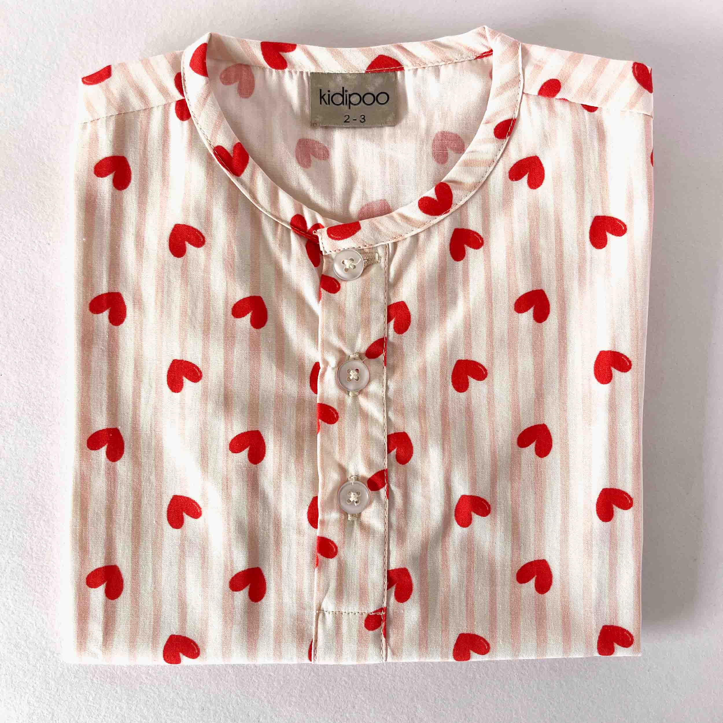 Kids pink striped cotton shirt with red heart print long sleeve soft breathable sleepwear top