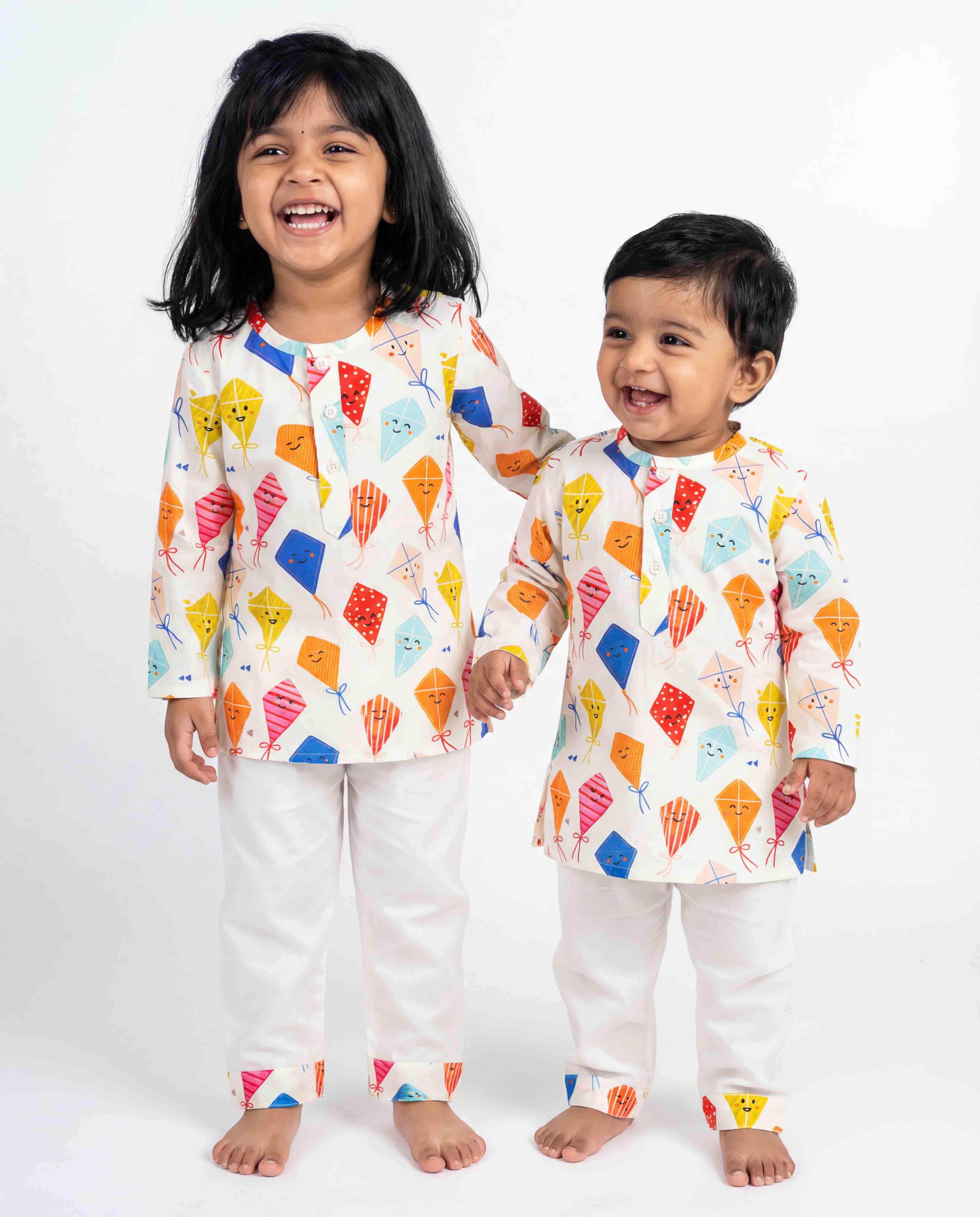 Kids multicolor kite print cotton kurta pajama set with full sleeve kurta and white pajama soft breathable festive ethnic wear for boys and girls
