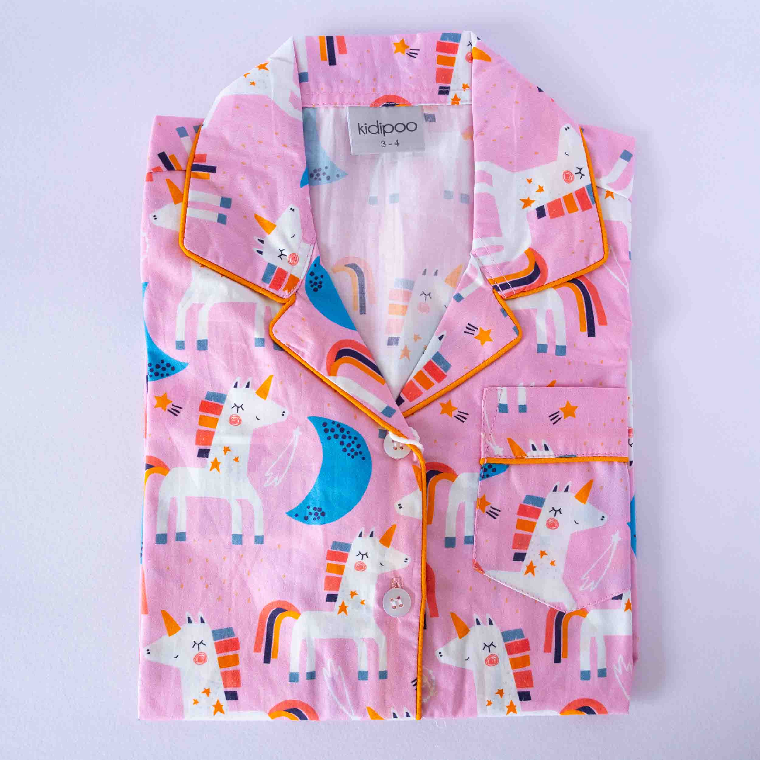 Kids pink unicorn print night suit shirt front view soft cotton sleepwear top