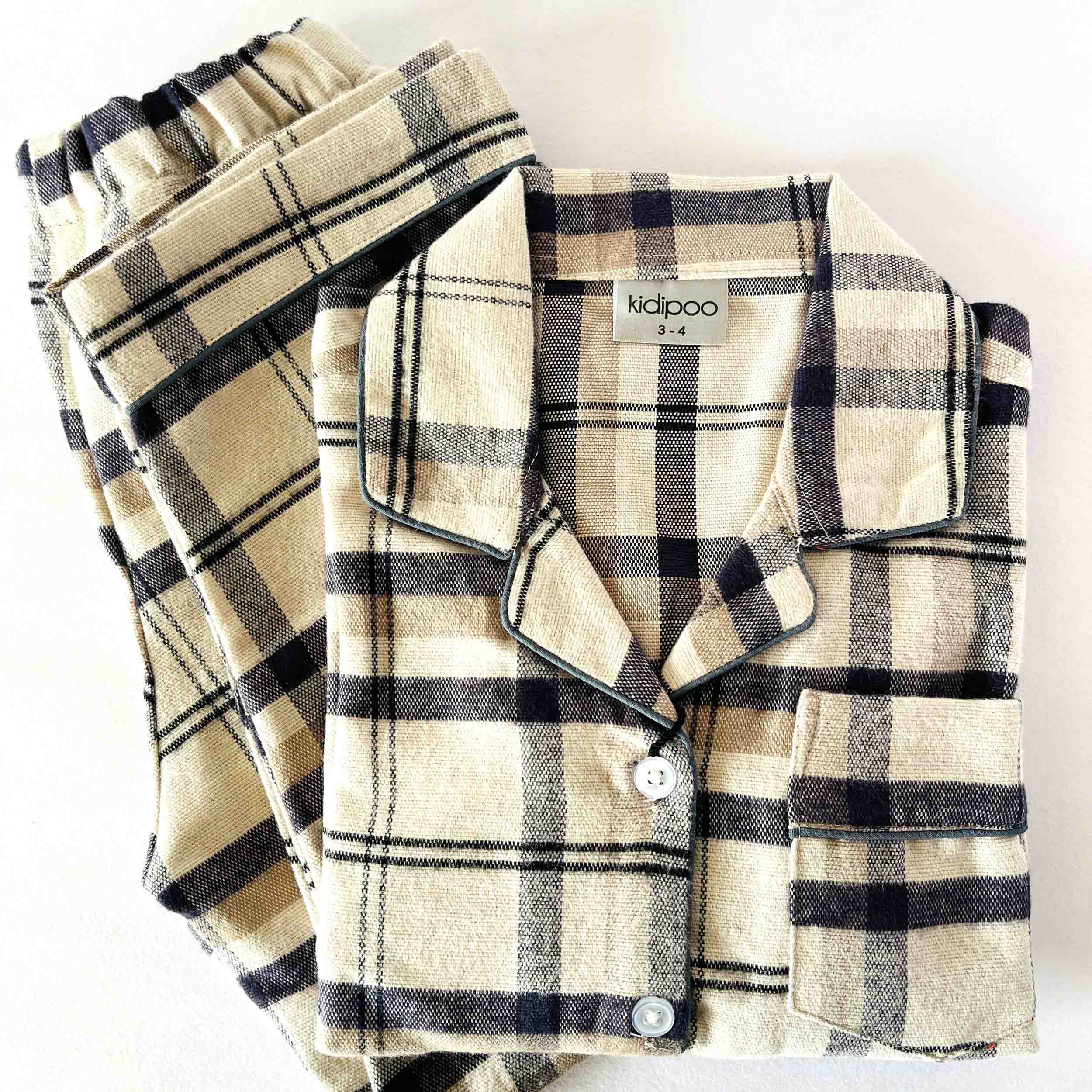 Beige black checks flannel kids night suit soft cotton sleepwear set folded view