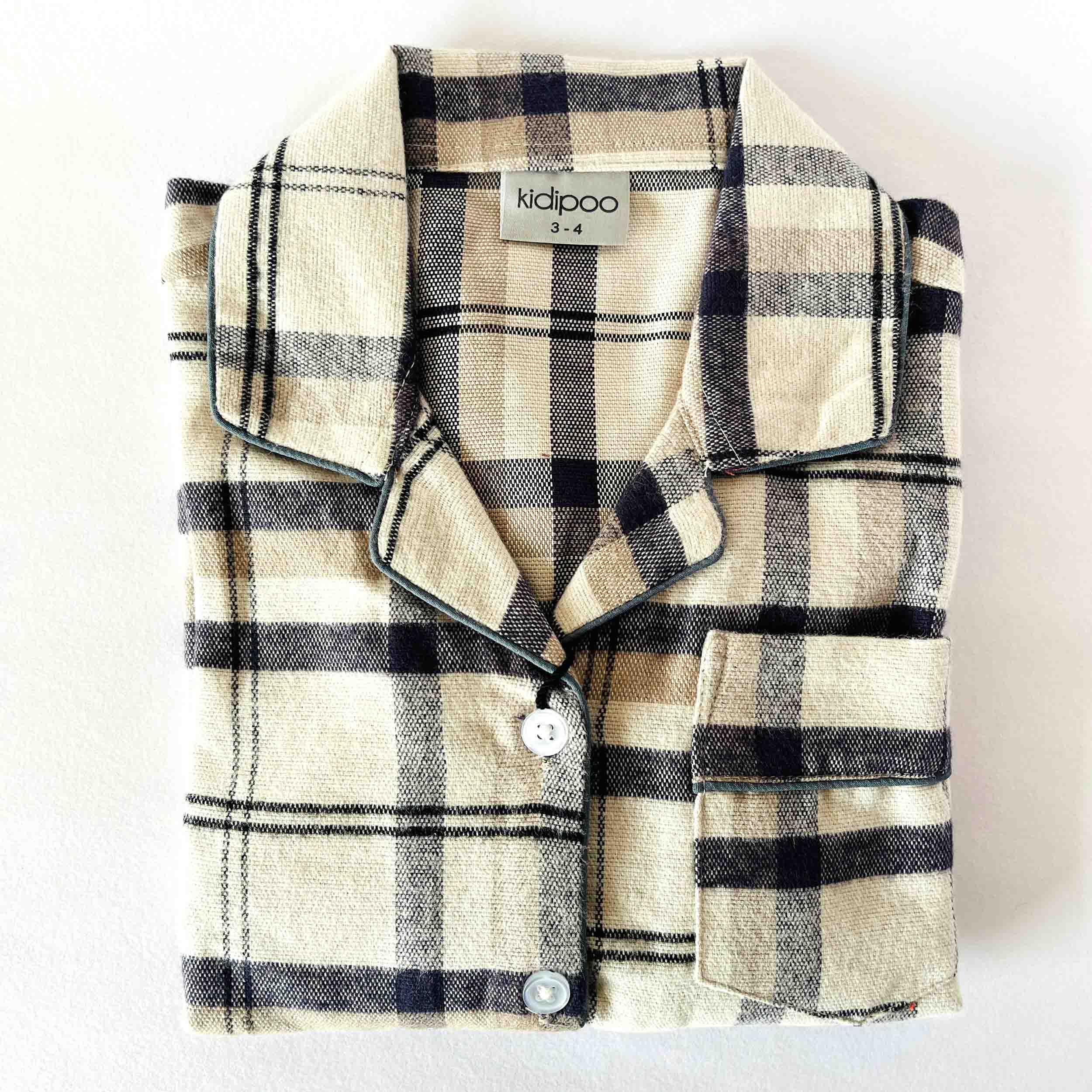 Kids beige black checks flannel night suit shirt front view cotton sleepwear top