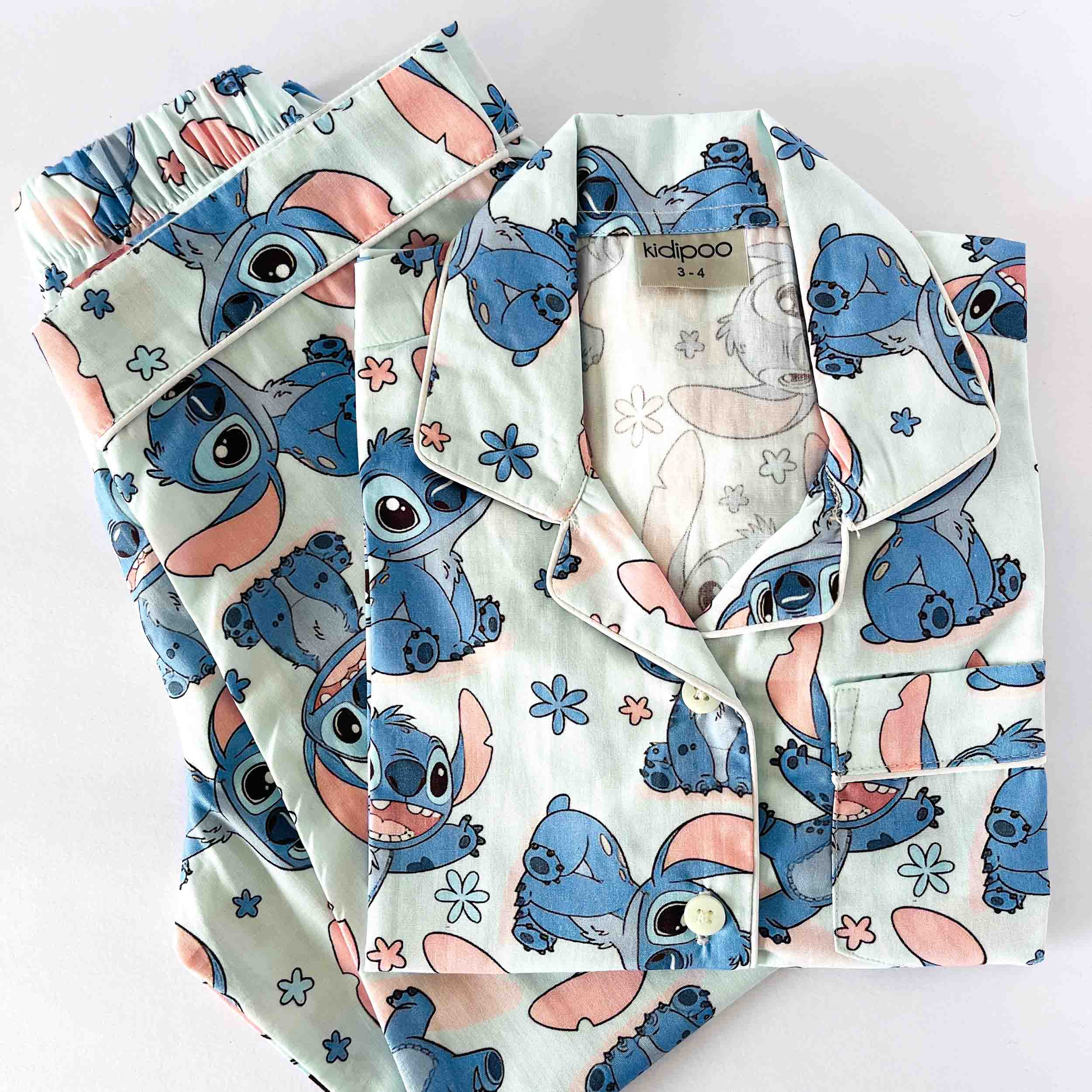 Kids light blue Stitch print cotton night suit set with long sleeve shirt and elastic waist pants soft breathable sleepwear