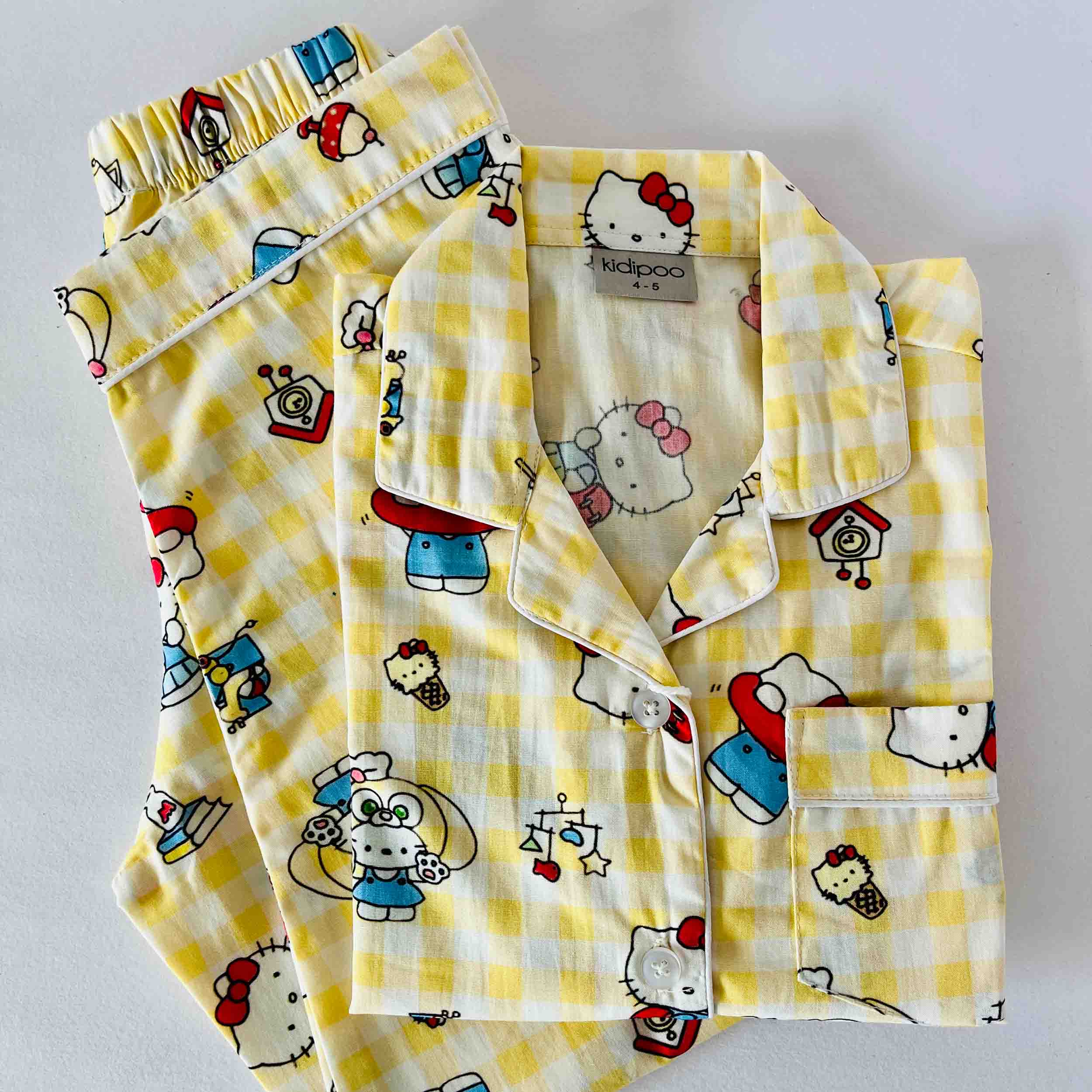 Yellow checks playful kitty cat cartoon print kids night suit soft breathable cotton sleepwear set