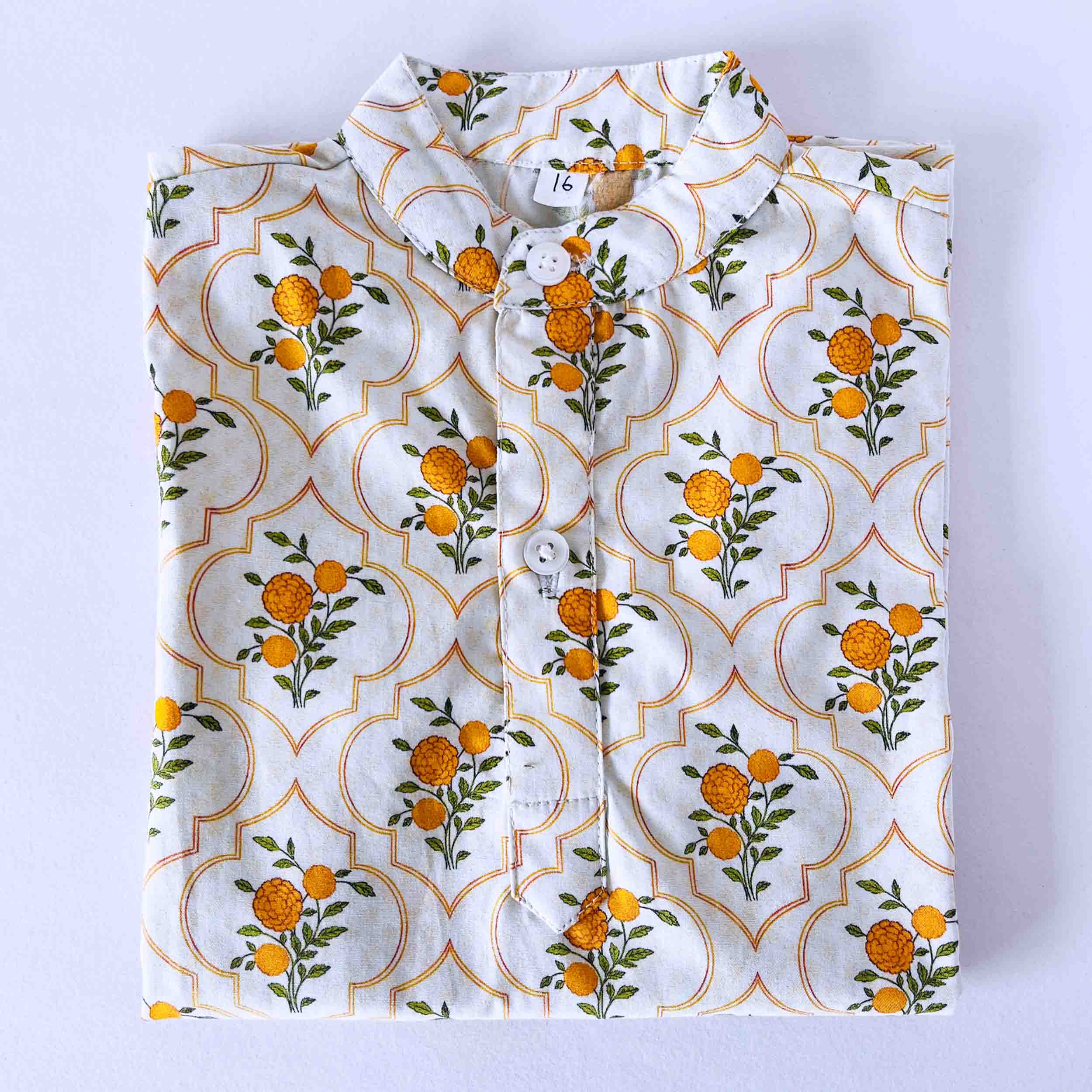 Kids marigold floral cotton kurta shirt with long sleeves breathable soft ethnic wear top