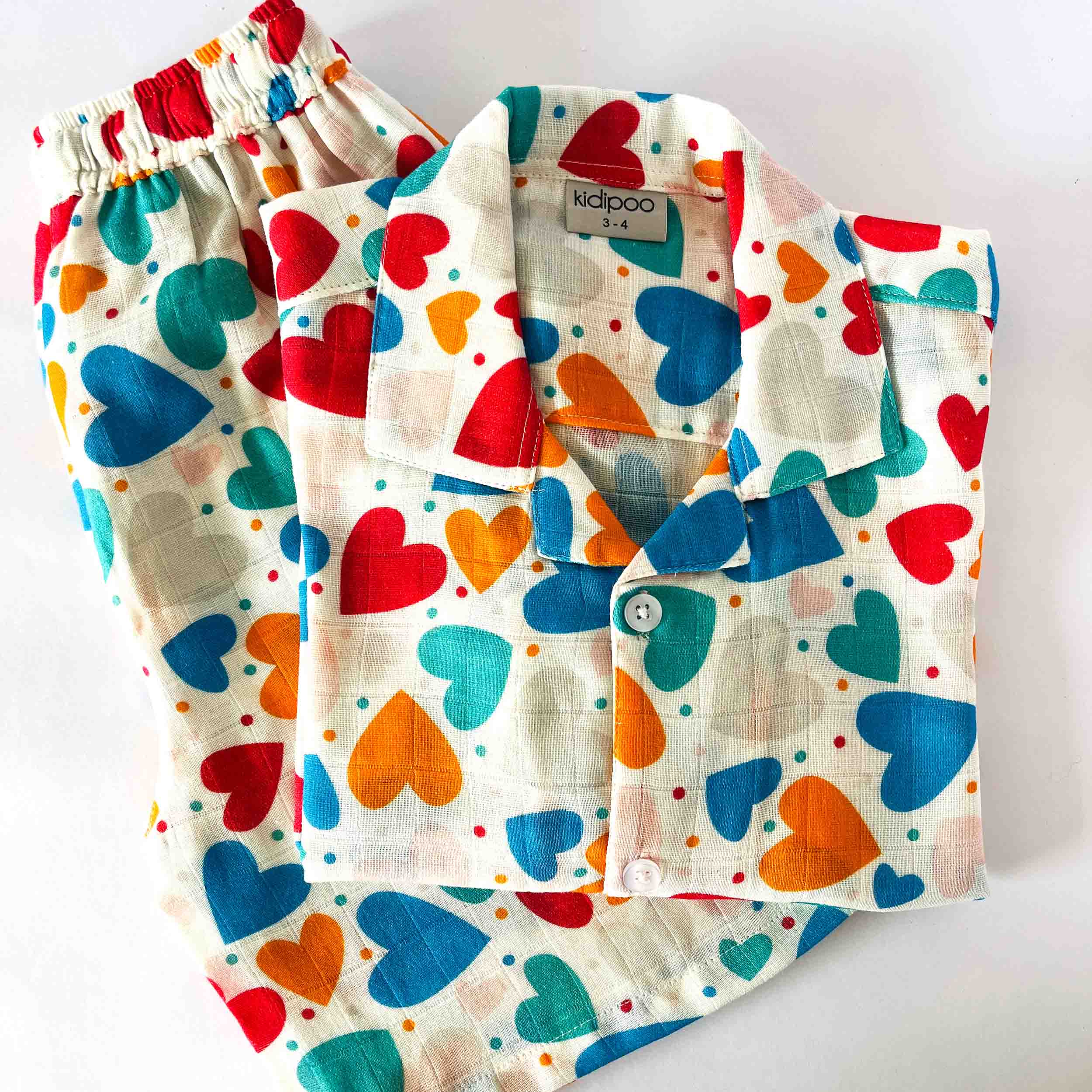 Kids multicolor hearts print coord set shirt and shorts muslin cotton summer outfit