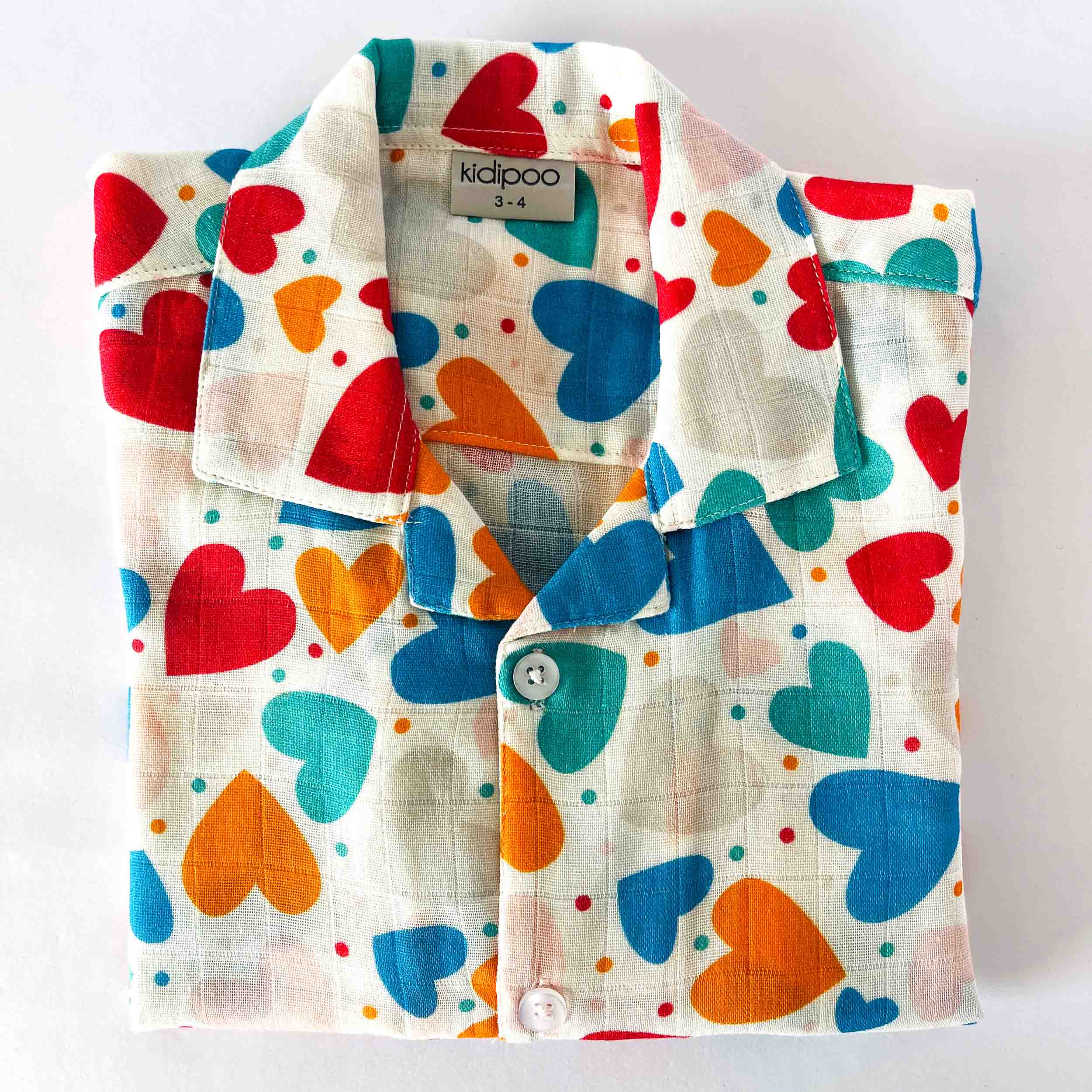 Kids muslin cotton shirt with multicolor hearts print half sleeve front view
