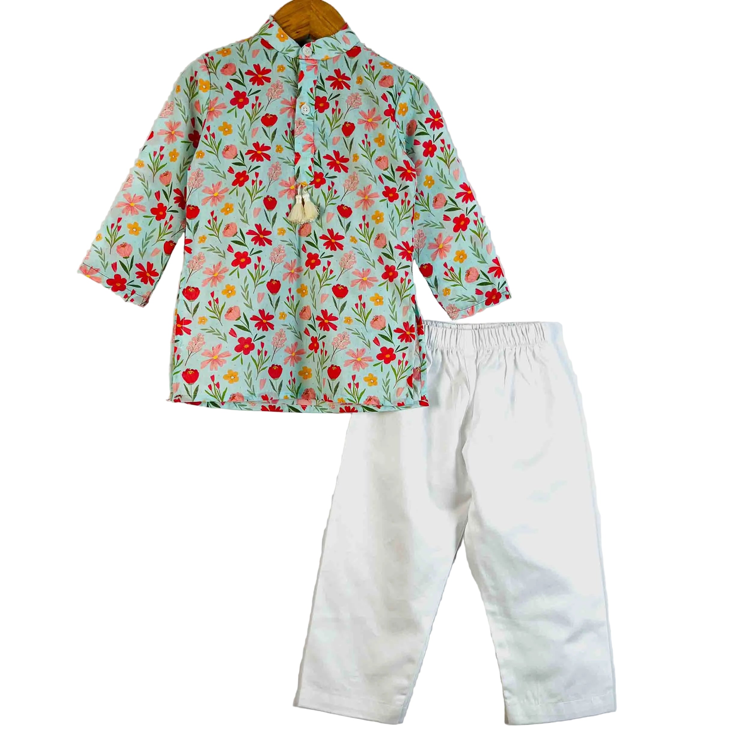 Boys Mint Blossom printed cotton kurta and pajama set with full sleeves and mandarin collar