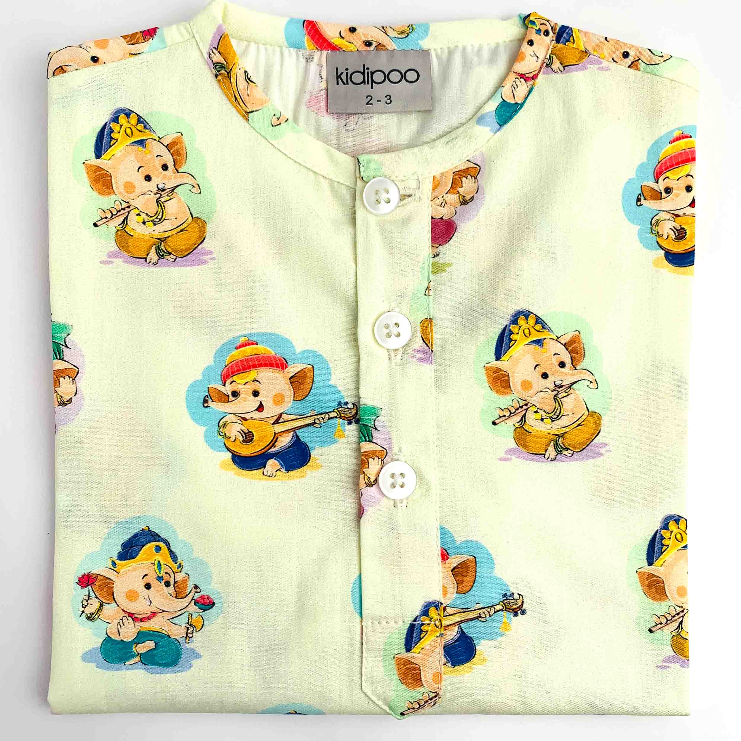 Boys Light Green Musical Ganesha Print Cotton Kurta with Full Sleeves and Front Button Closure