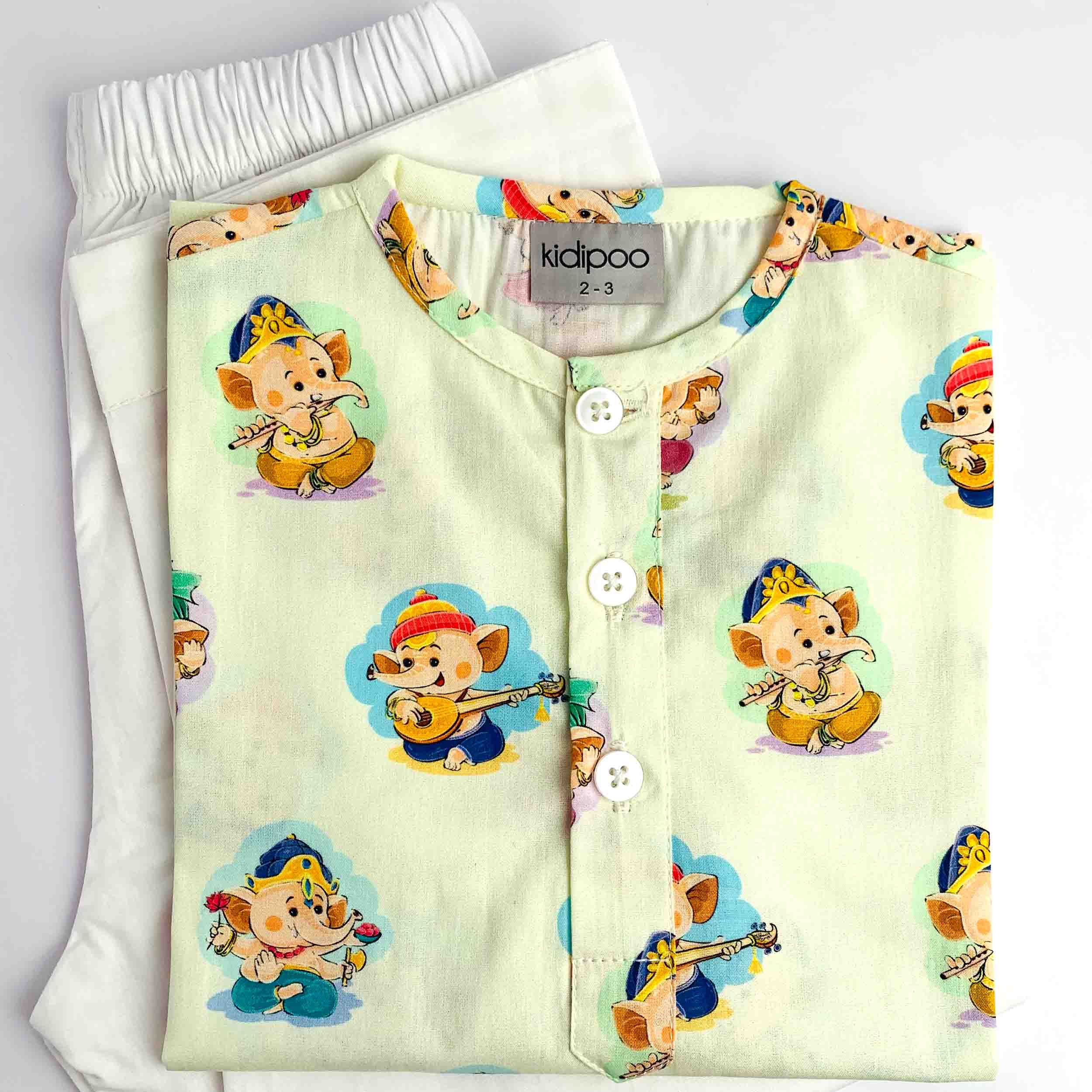 Kids Musical Ganesha Kurta Pajama Set with White Pajama, Full Sleeve Cotton Ethnic Wear for Boys, Light Green Traditional Outfit