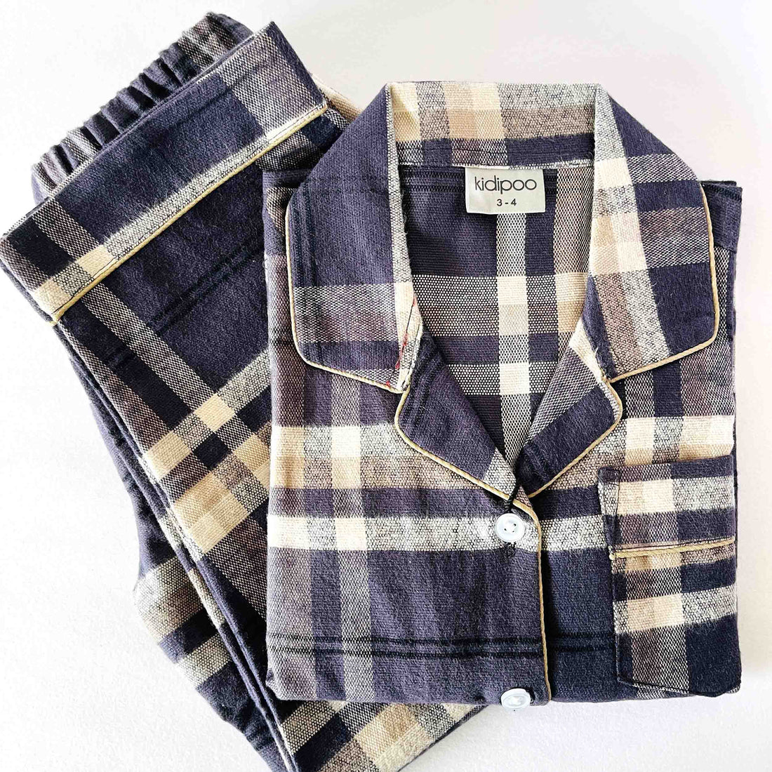 Cotton Flannel Kids Night Suit - Navy Checks Design