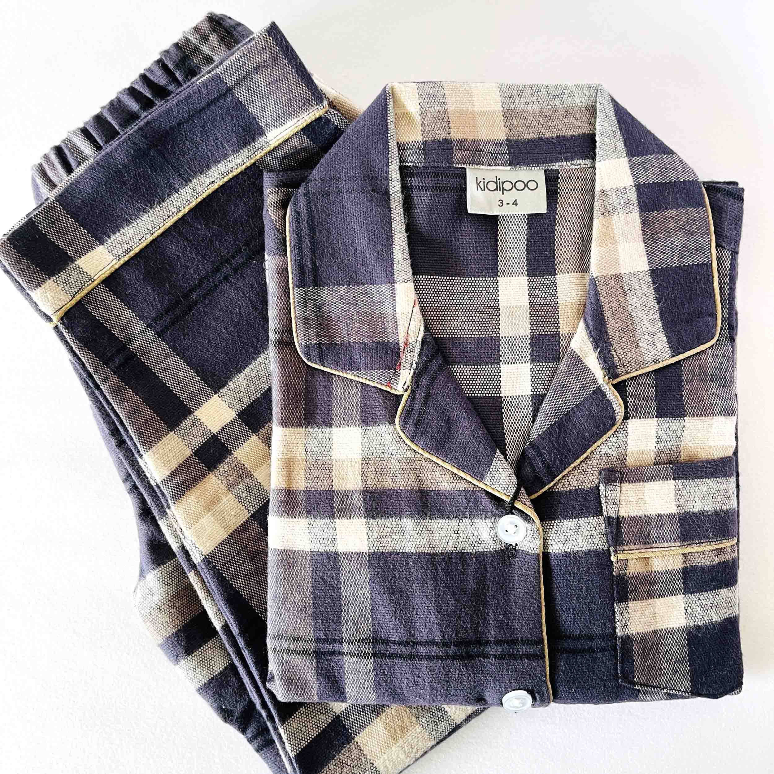 Navy checks flannel kids night suit soft cotton sleepwear set folded view