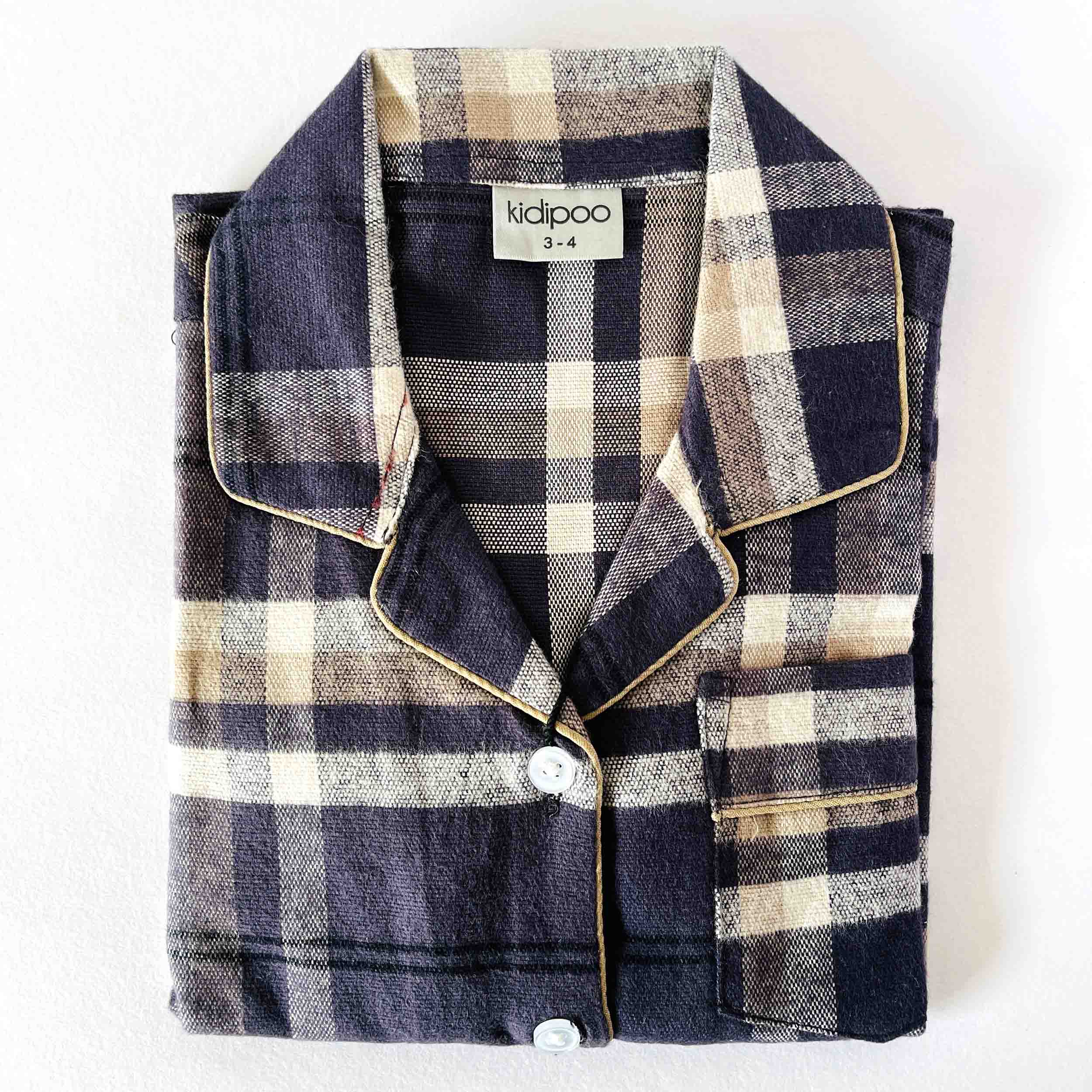 Kids navy checks flannel night suit shirt front view cotton sleepwear top