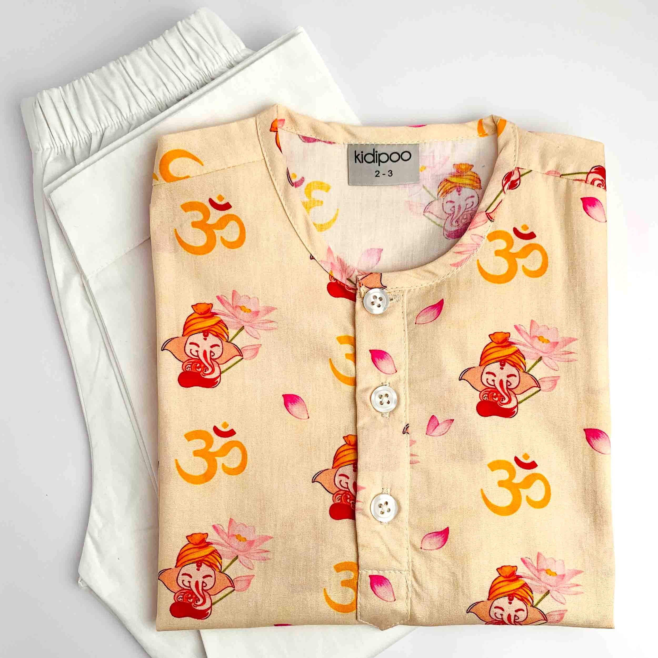 Boys Cream Om Ganesha Print Cotton Kurta Pajama Set with White Pajama for Traditional Ethnic Wear