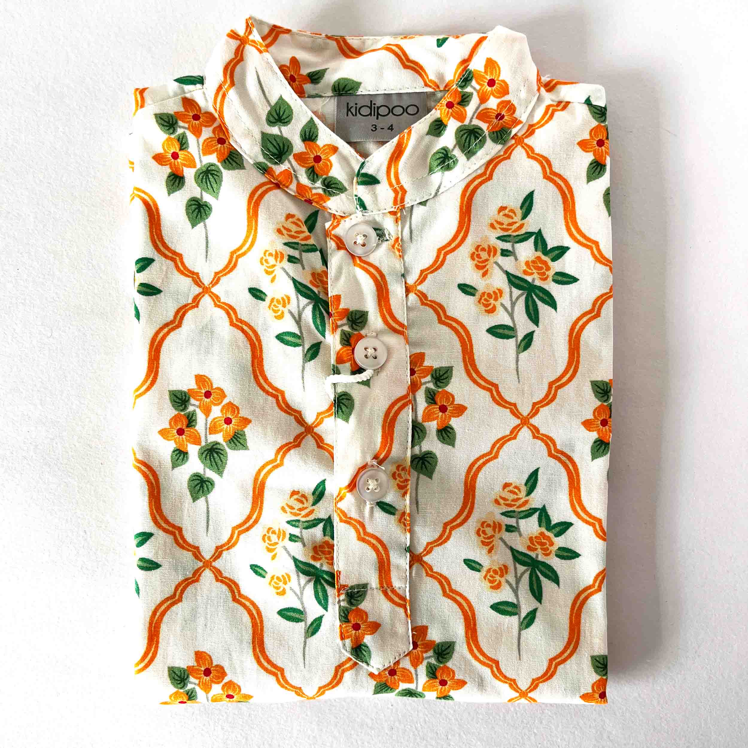Kids orange floral cotton kurta shirt with long sleeves breathable soft comfortable ethnic wear top