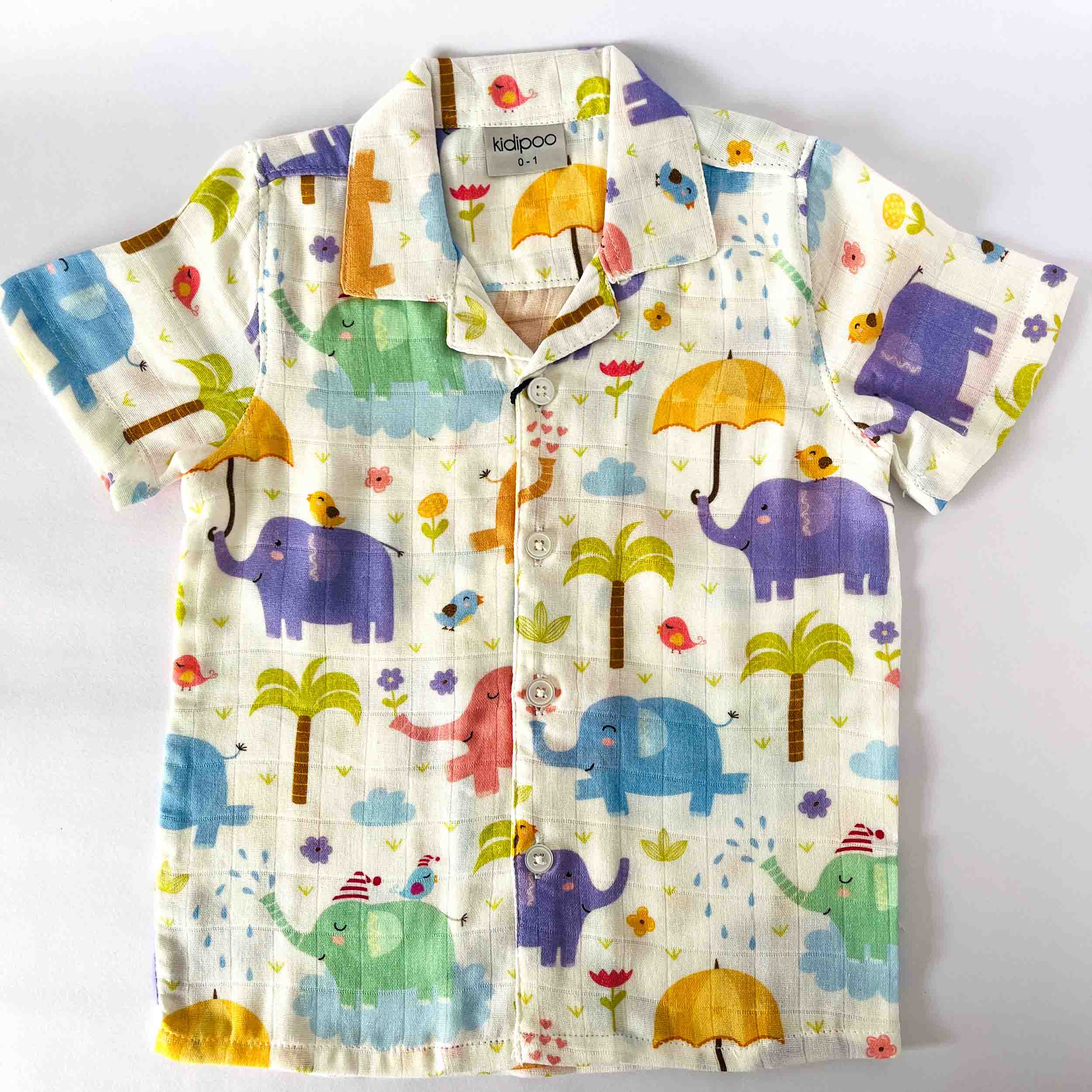 Kids white muslin cotton shirt with elephant party print half sleeve front view