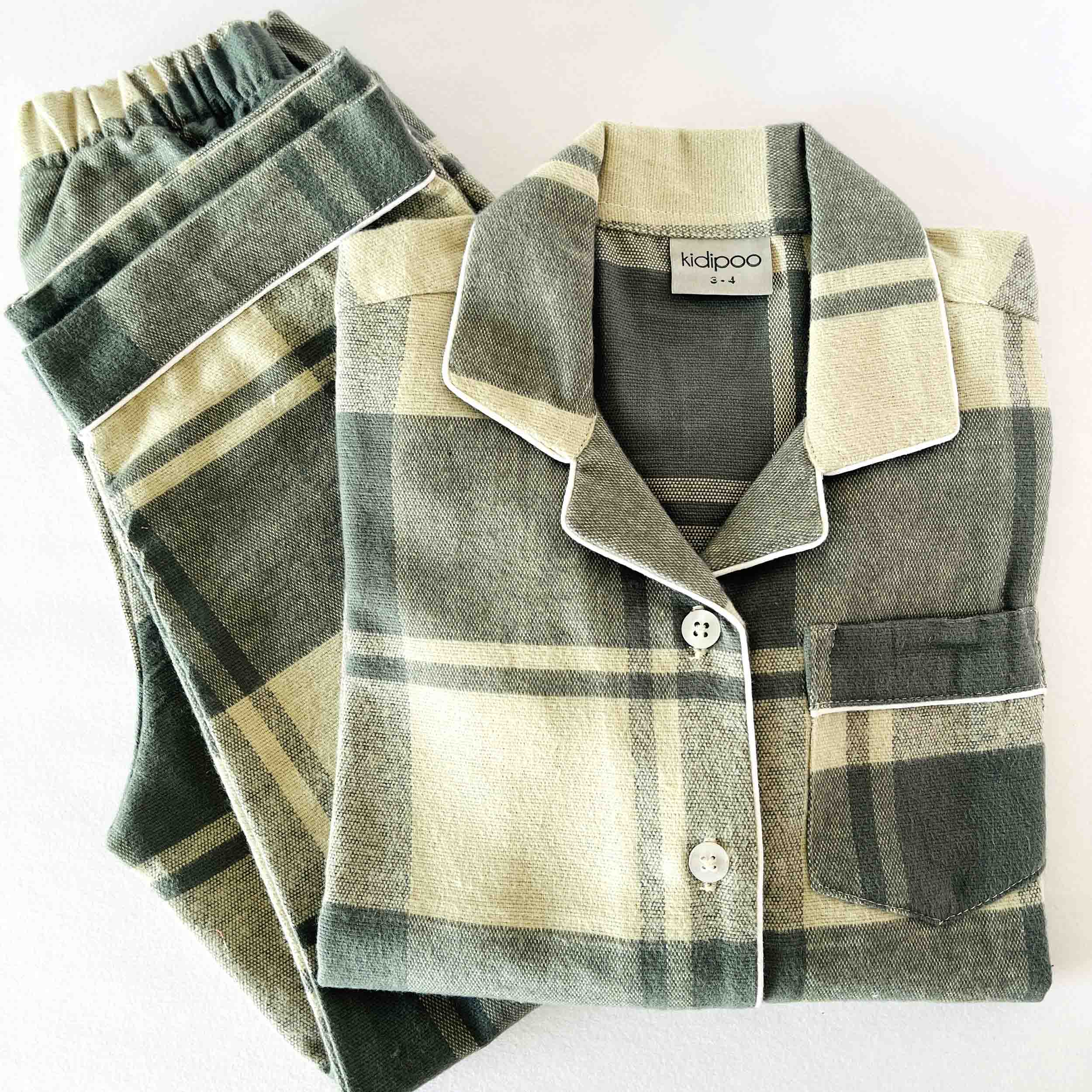 Kidipoo kids pastel green checks flannel night suit set with front button shirt and pajama soft warm sleepwear